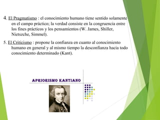 4. El Pragmatismo : el conocimiento humano tiene sentido solamente
en el campo práctico; la verdad consiste en la congruencia entre
los fines prácticos y los pensamientos (W. James, Shiller,
Nietszche, Simmel).
5. El Criticismo : propone la confianza en cuanto al conocimiento
humano en general y al mismo tiempo la desconfianza hacia todo
conocimiento determinado (Kant).
 