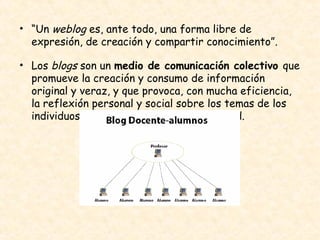 “ Un  weblog  es, ante todo, una forma libre de expresión, de creación y compartir conocimiento”.  Los  blogs  son un  medio de comunicación colectivo  que promueve la creación y consumo de información original y veraz, y que provoca, con mucha eficiencia, la reflexión personal y social sobre los temas de los individuos, de los grupos y de la humanidad.  