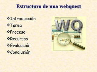 Estructura de una webquest Introducción  Tarea  Proceso  Recursos  Evaluación  Conclusión  