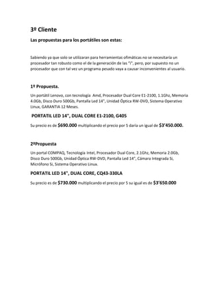 3º Cliente
Las propuestas para los portátiles son estas:
Sabiendo ya que solo se utilizaran para herramientas ofimáticas no se necesitaría un
procesador tan robusto como el de la generación de las “i”, pero, por supuesto no un
procesador que con tal vez un programa pesado vaya a causar inconvenientes al usuario.
1º Propuesta.
Un portátil Lenovo, con tecnología Amd, Procesador Dual Core E1-2100, 1.1Ghz, Memoria
4.0Gb, Disco Duro 500Gb, Pantalla Led 14", Unidad Óptica RW-DVD, Sistema Operativo
Linux, GARANTIA 12 Meses.
PORTATIL LED 14", DUAL CORE E1-2100, G405
Su precio es de $690.000 multiplicando el precio por 5 daría un igual de $3’450.000.
2ºPropuesta
Un portal COMPAQ, Tecnología Intel, Procesador Dual Core, 2.1Ghz, Memoria 2.0Gb,
Disco Duro 500Gb, Unidad Óptica RW-DVD, Pantalla Led 14", Cámara Integrada Si,
Micrófono Si, Sistema Operativo Linux.
PORTATIL LED 14", DUAL CORE, CQ43-330LA
Su precio es de $730.000 multiplicando el precio por 5 su igual es de $3’650.000
 