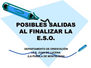 POSIBLES SALIDAS
 AL FINALIZAR LA
      E.S.O.
  DEPARTAMENTO DE ORIENTACIÓN
       I.E.S. JUAN DE LUCENA
    (LA PUEBLA DE MONTALBÁN)
 