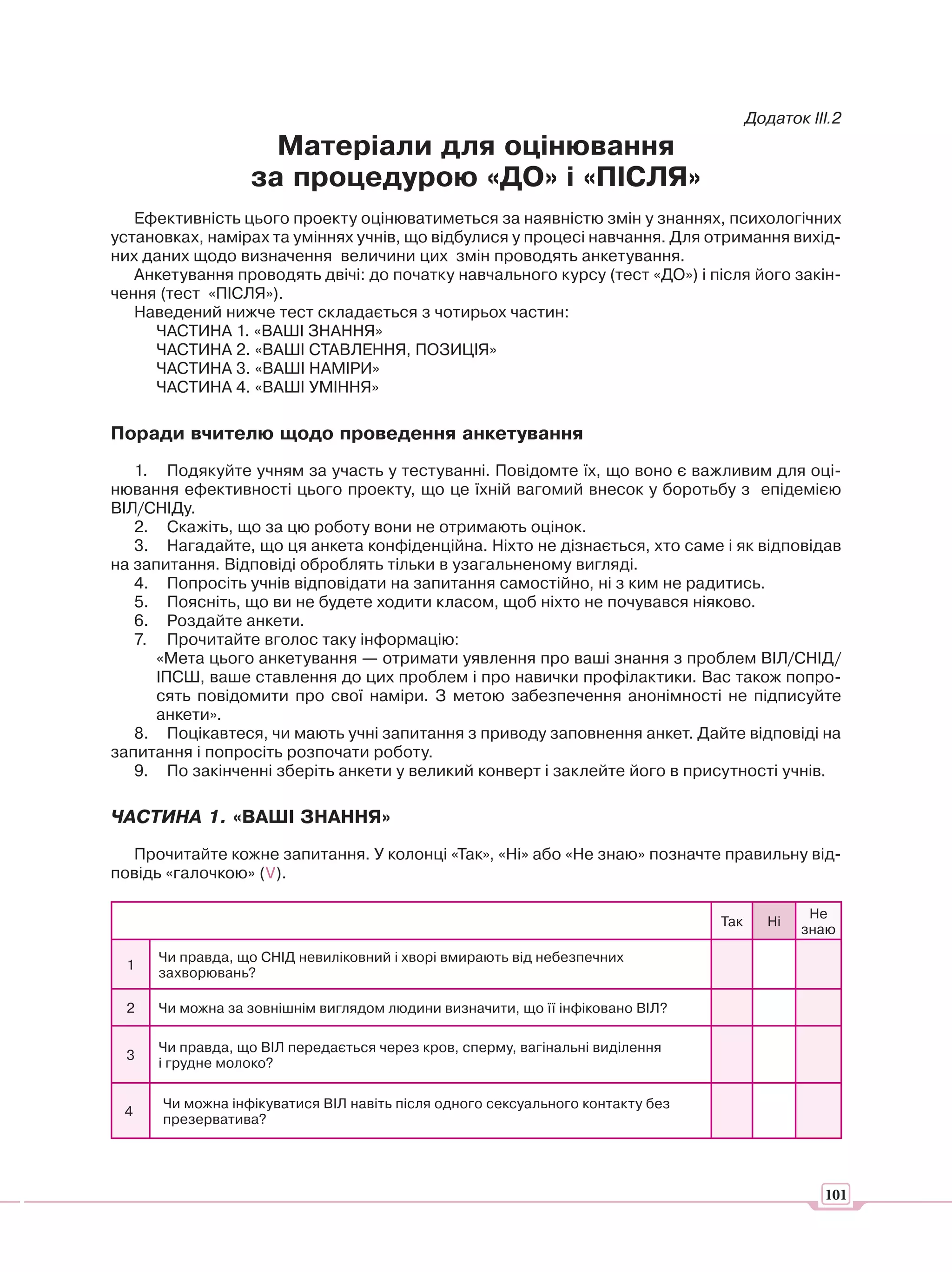 Додаток ІІІ.2
                    Матеріали для оцінювання
                  за процедурою «ДО» і «ПІСЛЯ»
   Ефективність цього проекту оцінюватиметься за наявністю змін у знаннях, психологічних
установках, намірах та уміннях учнів, що відбулися у процесі навчання. Для отримання вихід-
них даних щодо визначення величини цих змін проводять анкетування.
   Анкетування проводять двічі: до початку навчального курсу (тест «ДО») і після його закін-
чення (тест «ПІСЛЯ»).
   Наведений нижче тест складається з чотирьох частин:
     ЧАСТИНА 1. «ВАШІ ЗНАННЯ»
     ЧАСТИНА 2. «ВАШІ СТАВЛЕННЯ, ПОЗИЦІЯ»
     ЧАСТИНА 3. «ВАШІ НАМІРИ»
     ЧАСТИНА 4. «ВАШІ УМІННЯ»

Поради вчителю щодо проведення анкетування
   1. Подякуйте учням за участь у тестуванні. Повідомте їх, що воно є важливим для оці-
нювання ефективності цього проекту, що це їхній вагомий внесок у боротьбу з епідемією
ВІЛ/СНІДу.
   2. Скажіть, що за цю роботу вони не отримають оцінок.
   3. Нагадайте, що ця анкета конфіденційна. Ніхто не дізнається, хто саме і як відповідав
на запитання. Відповіді оброблять тільки в узагальненому вигляді.
   4. Попросіть учнів відповідати на запитання самостійно, ні з ким не радитись.
   5. Поясніть, що ви не будете ходити класом, щоб ніхто не почувався ніяково.
   6. Роздайте анкети.
   7. Прочитайте вголос таку інформацію:
      «Мета цього анкетування — отримати уявлення про ваші знання з проблем ВІЛ/СНІД/
      ІПСШ, ваше ставлення до цих проблем і про навички профілактики. Вас також попро-
      сять повідомити про свої наміри. З метою забезпечення анонімності не підписуйте
      анкети».
   8. Поцікавтеся, чи мають учні запитання з приводу заповнення анкет. Дайте відповіді на
запитання і попросіть розпочати роботу.
   9. По закінченні зберіть анкети у великий конверт і заклейте його в присутності учнів.

ЧАСТИНА 1. «ВАШІ ЗНАННЯ»
  Прочитайте кожне запитання. У колонці «Так», «Ні» або «Не знаю» позначте правильну від-
повідь «галочкою» (V).

                                                                                               Не
                                                                                Так      Ні
                                                                                              знаю
      Чи правда, що СНІД невиліковний і хворі вмирають від небезпечних
 1
      захворювань?

 2    Чи можна за зовнішнім виглядом людини визначити, що її інфіковано ВІЛ?

      Чи правда, що ВІЛ передається через кров, сперму, вагінальні виділення
 3
      і грудне молоко?

      Чи можна інфікуватися ВІЛ навіть після одного сексуального контакту без
 4
      презерватива?




                                                                                                101
 