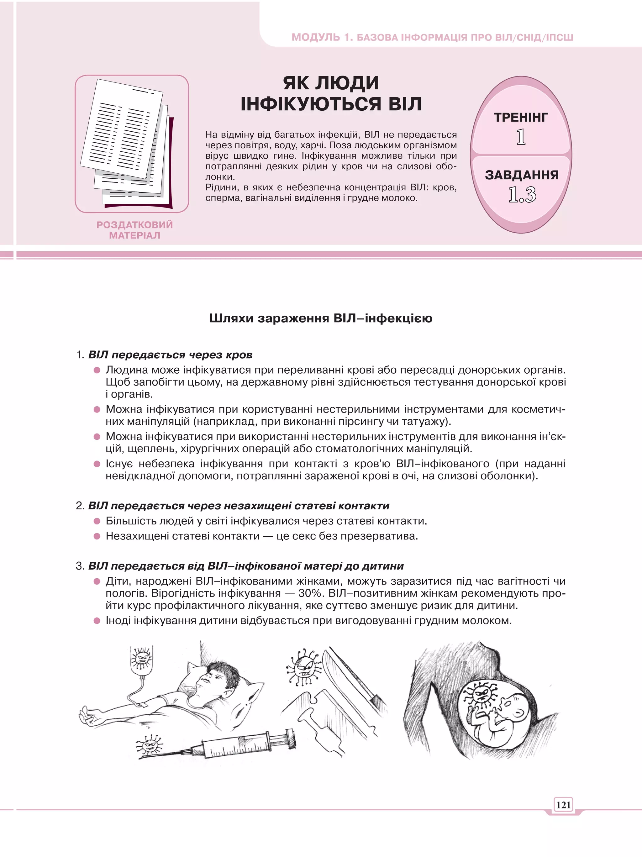 МОДУЛЬ 1. БАЗОВА ІНФОРМАЦІЯ ПРО ВІЛ/СНІД/ІПСШ



                                   ЯК ЛЮДИ
                               ІНФІКУЮТЬСЯ ВІЛ
                                                                               ТРЕНІНГ
                        На відміну від багатьох інфекцій, ВІЛ не передається
                        через повітря, воду, харчі. Поза людським організмом      1
                        вірус швидко гине. Інфікування можливе тільки при
                        потраплянні деяких рідин у кров чи на слизові обо-
                        лонки.                                                 ЗАВДАННЯ
                        Рідини, в яких є небезпечна концентрація ВІЛ: кров,
                        сперма, вагінальні виділення і грудне молоко.            1.3
   РОЗДАТКОВИЙ
     МАТЕРІАЛ




                         Шляхи зараження ВІЛ–інфекцією

1. ВІЛ передається через кров
      Людина може інфікуватися при переливанні крові або пересадці донорських органів.
      Щоб запобігти цьому, на державному рівні здійснюється тестування донорської крові
      і органів.
      Можна інфікуватися при користуванні нестерильними інструментами для косметич-
      них маніпуляцій (наприклад, при виконанні пірсингу чи татуажу).
      Можна інфікуватися при використанні нестерильних інструментів для виконання ін’єк-
      цій, щеплень, хірургічних операцій або стоматологічних маніпуляцій.
      Існує небезпека інфікування при контакті з кров’ю ВІЛ–інфікованого (при наданні
      невідкладної допомоги, потраплянні зараженої крові в очі, на слизові оболонки).

2. ВІЛ передається через незахищені статеві контакти
      Більшість людей у світі інфікувалися через статеві контакти.
      Незахищені статеві контакти — це секс без презерватива.

3. ВІЛ передається від ВІЛ–інфікованої матері до дитини
      Діти, народжені ВІЛ–інфікованими жінками, можуть заразитися під час вагітності чи
      пологів. Вірогідність інфікування — 30%. ВІЛ–позитивним жінкам рекомендують про-
      йти курс профілактичного лікування, яке суттєво зменшує ризик для дитини.
      Іноді інфікування дитини відбувається при вигодовуванні грудним молоком.




                                                                                         121
 