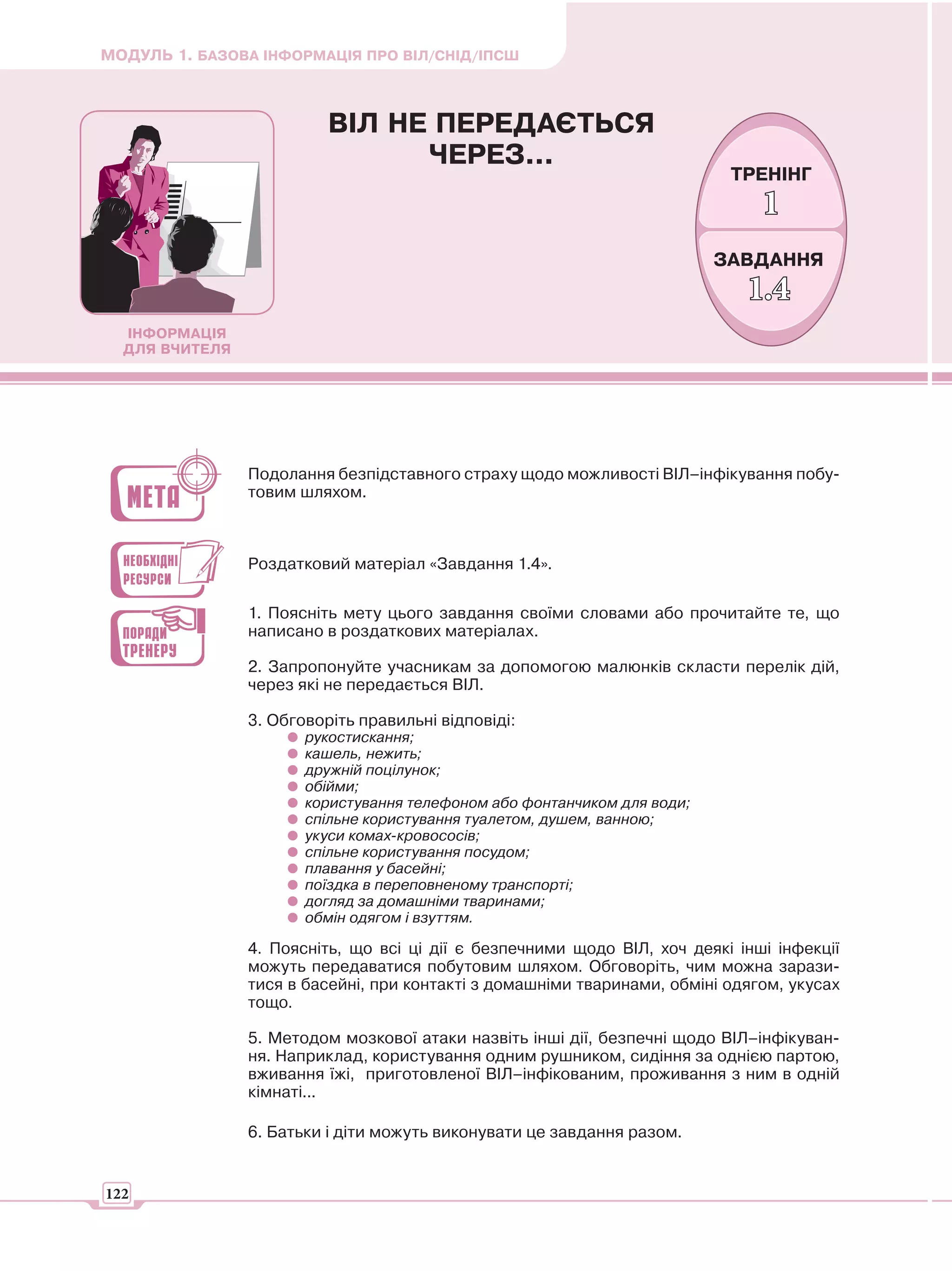 МОДУЛЬ 1. БАЗОВА ІНФОРМАЦІЯ ПРО ВІЛ/СНІД/ІПСШ



                          ВІЛ НЕ ПЕРЕДАЄТЬСЯ
                                ЧЕРЕЗ...
                                                                           ТРЕНІНГ
                                                                               1
                                                                          ЗАВДАННЯ
                                                                             1.4
  ІНФОРМАЦІЯ
  ДЛЯ ВЧИТЕЛЯ




                Подолання безпідставного страху щодо можливості ВІЛ–інфікування побу-
                товим шляхом.



                Роздатковий матеріал «Завдання 1.4».


                1. Поясніть мету цього завдання своїми словами або прочитайте те, що
                написано в роздаткових матеріалах.

                2. Запропонуйте учасникам за допомогою малюнків скласти перелік дій,
                через які не передається ВІЛ.

                3. Обговоріть правильні відповіді:
                       рукостискання;
                       кашель, нежить;
                       дружній поцілунок;
                       обійми;
                       користування телефоном або фонтанчиком для води;
                       спільне користування туалетом, душем, ванною;
                       укуси комах-кровососів;
                       спільне користування посудом;
                       плавання у басейні;
                       поїздка в переповненому транспорті;
                       догляд за домашніми тваринами;
                       обмін одягом і взуттям.

                4. Поясніть, що всі ці дії є безпечними щодо ВІЛ, хоч деякі інші інфекції
                можуть передаватися побутовим шляхом. Обговоріть, чим можна зарази-
                тися в басейні, при контакті з домашніми тваринами, обміні одягом, укусах
                тощо.

                5. Методом мозкової атаки назвіть інші дії, безпечні щодо ВІЛ–інфікуван-
                ня. Наприклад, користування одним рушником, сидіння за однією партою,
                вживання їжі, приготовленої ВІЛ–інфікованим, проживання з ним в одній
                кімнаті...

                6. Батьки і діти можуть виконувати це завдання разом.


122
 