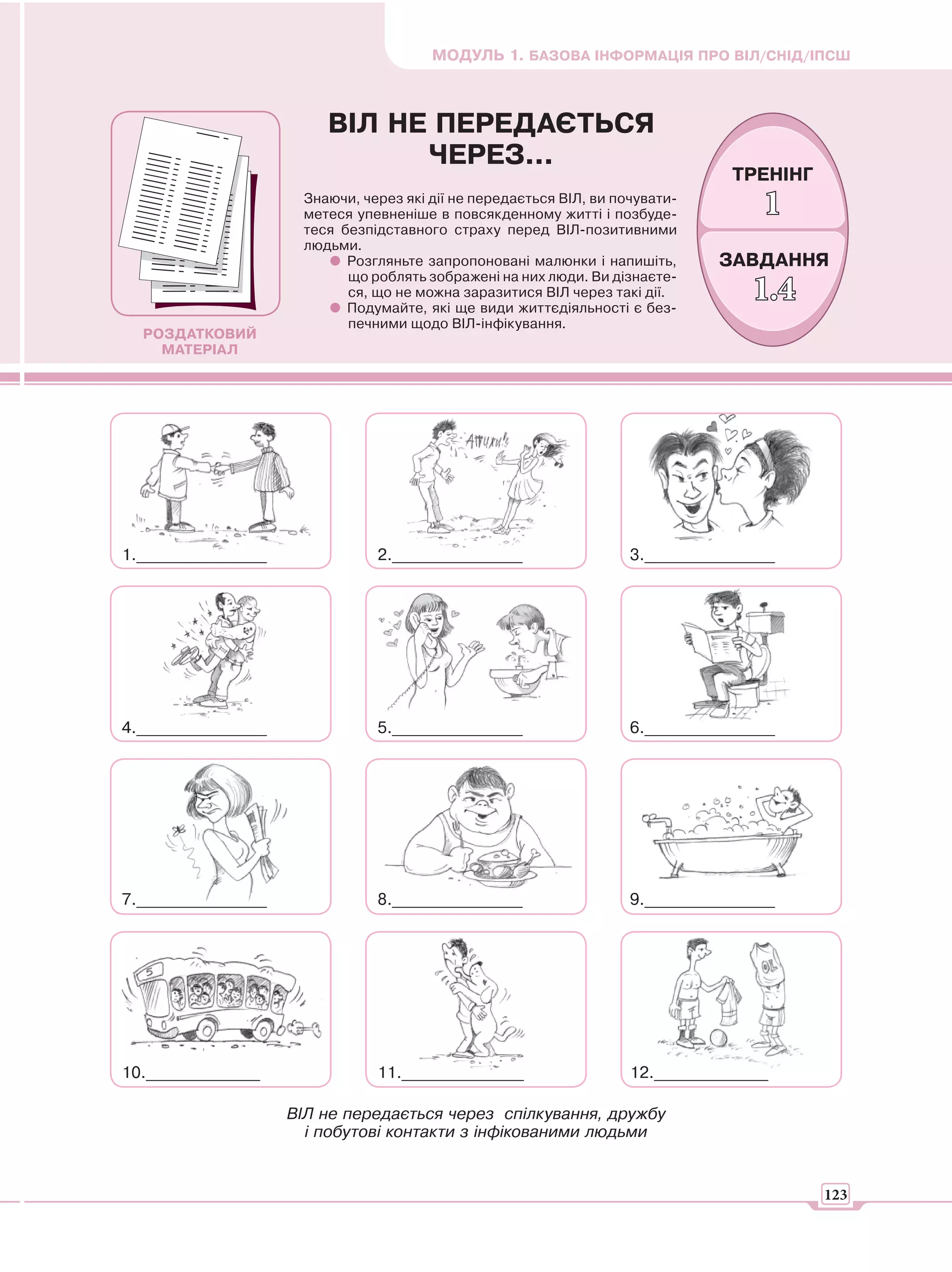МОДУЛЬ 1. БАЗОВА ІНФОРМАЦІЯ ПРО ВІЛ/СНІД/ІПСШ



                         ВІЛ НЕ ПЕРЕДАЄТЬСЯ
                               ЧЕРЕЗ...
                                                                                 ТРЕНІНГ
                      Знаючи, через які дії не передається ВІЛ, ви почувати-
                      метеся упевненіше в повсякденному житті і позбуде-             1
                      теся безпідставного страху перед ВІЛ-позитивними
                      людьми.
                            Розгляньте запропоновані малюнки і напишіть,        ЗАВДАННЯ
                            що роблять зображені на них люди. Ви дізнаєте-
                            ся, що не можна заразитися ВІЛ через такі дії.
                            Подумайте, які ще види життєдіяльності є без-
                                                                                    1.4
                            печними щодо ВІЛ-інфікування.
  РОЗДАТКОВИЙ
    МАТЕРІАЛ




1.________________              2.________________                   3.________________




4.________________              5.________________                   6.________________




7.________________              8.________________                   9.________________




10.______________               11._______________                   12.______________

                     ВІЛ не передається через спілкування, дружбу
                       і побутові контакти з інфікованими людьми


                                                                                           123
 