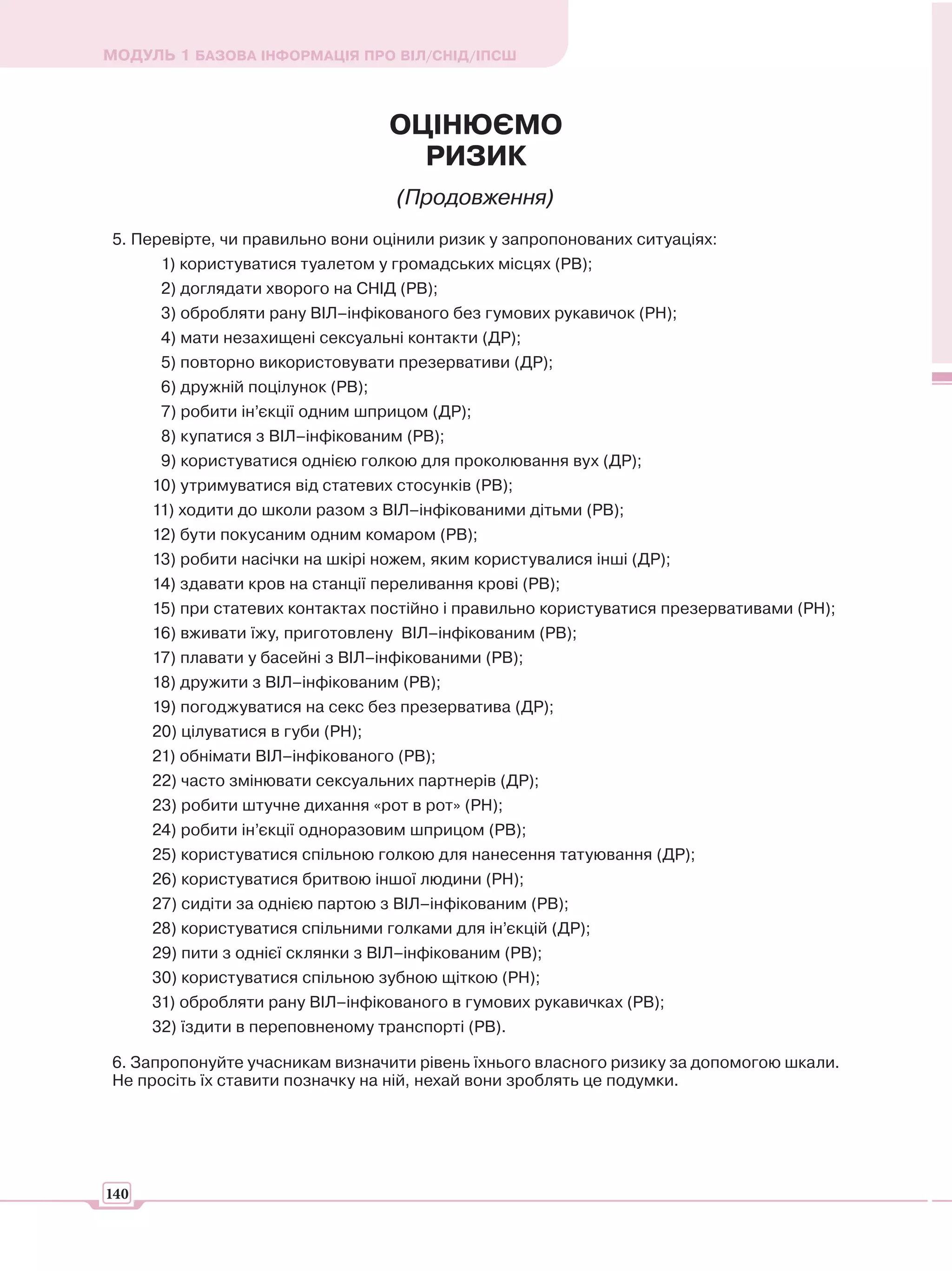 МОДУЛЬ 1 БАЗОВА ІНФОРМАЦІЯ ПРО ВІЛ/СНІД/ІПСШ



                                    ОЦІНЮЄМО
                                      РИЗИК
                                    (Продовження)
5. Перевірте, чи правильно вони оцінили ризик у запропонованих ситуаціях:
       1) користуватися туалетом у громадських місцях (РВ);
       2) доглядати хворого на СНІД (РВ);
       3) обробляти рану ВІЛ–інфікованого без гумових рукавичок (РН);
       4) мати незахищені сексуальні контакти (ДР);
       5) повторно використовувати презервативи (ДР);
       6) дружній поцілунок (РВ);
       7) робити ін’єкції одним шприцом (ДР);
       8) купатися з ВІЛ–інфікованим (РВ);
       9) користуватися однією голкою для проколювання вух (ДР);
      10) утримуватися від статевих стосунків (РВ);
      11) ходити до школи разом з ВІЛ–інфікованими дітьми (РВ);
      12) бути покусаним одним комаром (РВ);
      13) робити насічки на шкірі ножем, яким користувалися інші (ДР);
      14) здавати кров на станції переливання крові (РВ);
      15) при статевих контактах постійно і правильно користуватися презервативами (РН);
      16) вживати їжу, приготовлену ВІЛ–інфікованим (РВ);
      17) плавати у басейні з ВІЛ–інфікованими (РВ);
      18) дружити з ВІЛ–інфікованим (РВ);
      19) погоджуватися на секс без презерватива (ДР);
      20) цілуватися в губи (РН);
      21) обнімати ВІЛ–інфікованого (РВ);
      22) часто змінювати сексуальних партнерів (ДР);
      23) робити штучне дихання «рот в рот» (РН);
      24) робити ін’єкції одноразовим шприцом (РВ);
      25) користуватися спільною голкою для нанесення татуювання (ДР);
      26) користуватися бритвою іншої людини (РН);
      27) сидіти за однією партою з ВІЛ–інфікованим (РВ);
      28) користуватися спільними голками для ін’єкцій (ДР);
      29) пити з однієї склянки з ВІЛ–інфікованим (РВ);
      30) користуватися спільною зубною щіткою (РН);
      31) обробляти рану ВІЛ–інфікованого в гумових рукавичках (РВ);
      32) їздити в переповненому транспорті (РВ).

6. Запропонуйте учасникам визначити рівень їхнього власного ризику за допомогою шкали.
Не просіть їх ставити позначку на ній, нехай вони зроблять це подумки.




140
 