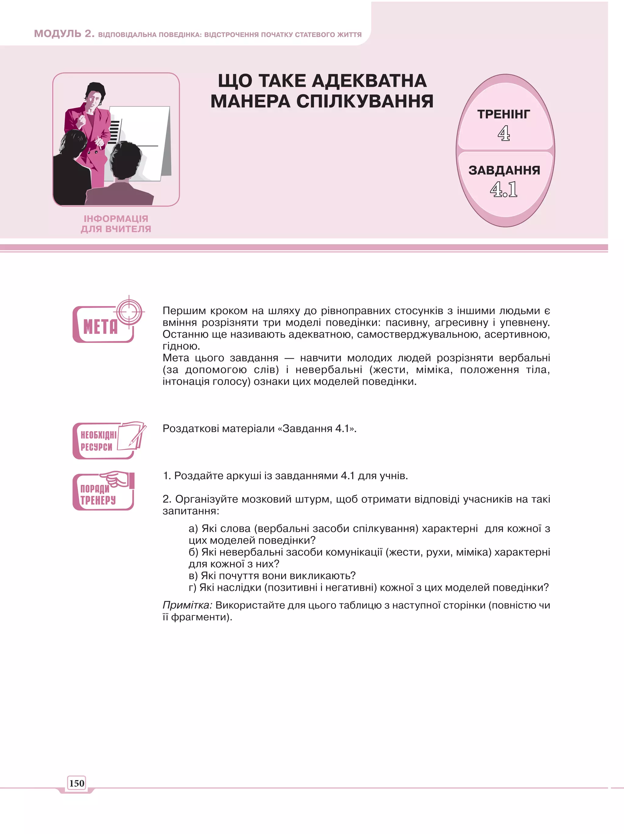 МОДУЛЬ 2. ВІДПОВІДАЛЬНА ПОВЕДІНКА: ВІДСТРОЧЕННЯ ПОЧАТКУ СТАТЕВОГО ЖИТТЯ



                                      ЩО ТАКЕ АДЕКВАТНА
                                      МАНЕРА СПІЛКУВАННЯ
                                                                                         ТРЕНІНГ
                                                                                             4
                                                                                       ЗАВДАННЯ
                                                                                            4.1
          ІНФОРМАЦІЯ
          ДЛЯ ВЧИТЕЛЯ




                           Першим кроком на шляху до рівноправних стосунків з іншими людьми є
                           вміння розрізняти три моделі поведінки: пасивну, агресивну і упевнену.
                           Останню ще називають адекватною, самостверджувальною, асертивною,
                           гідною.
                           Мета цього завдання — навчити молодих людей розрізняти вербальні
                           (за допомогою слів) і невербальні (жести, міміка, положення тіла,
                           інтонація голосу) ознаки цих моделей поведінки.



                           Роздаткові матеріали «Завдання 4.1».



                           1. Роздайте аркуші із завданнями 4.1 для учнів.

                           2. Організуйте мозковий штурм, щоб отримати відповіді учасників на такі
                           запитання:
                                 а) Які слова (вербальні засоби спілкування) характерні для кожної з
                                 цих моделей поведінки?
                                 б) Які невербальні засоби комунікації (жести, рухи, міміка) характерні
                                 для кожної з них?
                                 в) Які почуття вони викликають?
                                 г) Які наслідки (позитивні і негативні) кожної з цих моделей поведінки?
                           Примітка: Використайте для цього таблицю з наступної сторінки (повністю чи
                           її фрагменти).




       150
 
