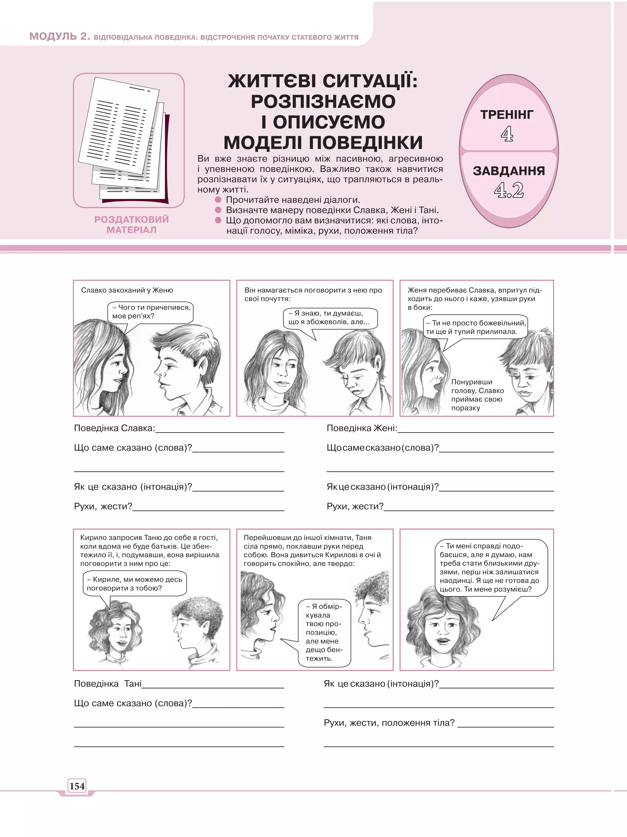 МОДУЛЬ 2. ВІДПОВІДАЛЬНА ПОВЕДІНКА: ВІДСТРОЧЕННЯ ПОЧАТКУ СТАТЕВОГО ЖИТТЯ



                                                    ЖИТТЄВІ СИТУАЦІЇ:
                                                      РОЗПІЗНАЄМО
                                                                                                               ТРЕНІНГ
                                                       І ОПИСУЄМО
                                                    МОДЕЛІ ПОВЕДІНКИ                                                 4
                                            Ви вже знаєте різницю між пасивною, агресивною
                                            і упевненою поведінкою. Важливо також навчитися                  ЗАВДАННЯ
                                            розпізнавати їх у ситуаціях, що трапляються в реаль-
                                            ному житті.
                                                  Прочитайте наведені діалоги.
                                                                                                                   4.2
                                                  Визначте манеру поведінки Славка, Жені і Тані.
               РОЗДАТКОВИЙ                        Що допомогло вам визначитися: які слова, інто-
                 МАТЕРІАЛ                         нації голосу, міміка, рухи, положення тіла?




           Славко закоханий у Женю                   Він намагається поговорити з нею про    Женя перебиває Славка, впритул під-
                                                     свої почуття:                           ходить до нього і каже, узявши руки
                    – Чого ти причепився,                                                    в боки:
                    мов реп’ях?                                  – Я знаю, ти думаєш,
                                                                 що я збожеволів, але...         – Ти не просто божевільний,
                                                                                                 ти ще й тупий прилипала.




                                                                                                        Понуривши
                                                                                                        голову, Славко
                                                                                                        приймає свою
                                                                                                        поразку

         Поведінка Славка:____________________________                     Поведінка Жені:__________________________________

         Що саме сказано (слова)?____________________                      Що саме сказано (слова)?_________________________

         _____________________________________________                     _________________________________________________

         Як це сказано (інтонація)?____________________                    Як це сказано (інтонація)?_________________________

         Рухи, жести?_________________________________                     Рухи, жести?_____________________________________


           Кирило запросив Таню до себе в гості,     Перейшовши до іншої кімнати, Таня
           коли вдома не буде батьків. Це збен-      сіла прямо, поклавши руки перед                 – Ти мені справді подо-
           тежило її, і, подумавши, вона вирішила    собою. Вона дивиться Кирилові в очі й           баєшся, але я думаю, нам
           поговорити з ним про це:                  говорить спокійно, але твердо:                  треба стати близькими дру-
                                                                                                     зями, перш ніж залишатися
              – Кириле, ми можемо десь                                                               наодинці. Я ще не готова до
              поговорити з тобою?                                                                    цього. Ти мене розумієш?

                                                                     – Я обмір-
                                                                     кувала
                                                                     твою про-
                                                                     позицію,
                                                                     але мене
                                                                     дещо бен-
                                                                     тежить.


         Поведінка Тані_______________________________                    Як це сказано (інтонація)?_________________________

         Що саме сказано (слова)?____________________                     __________________________________________________

         _____________________________________________                    Рухи, жести, положення тіла? _____________________

         _____________________________________________                    __________________________________________________



        154
 