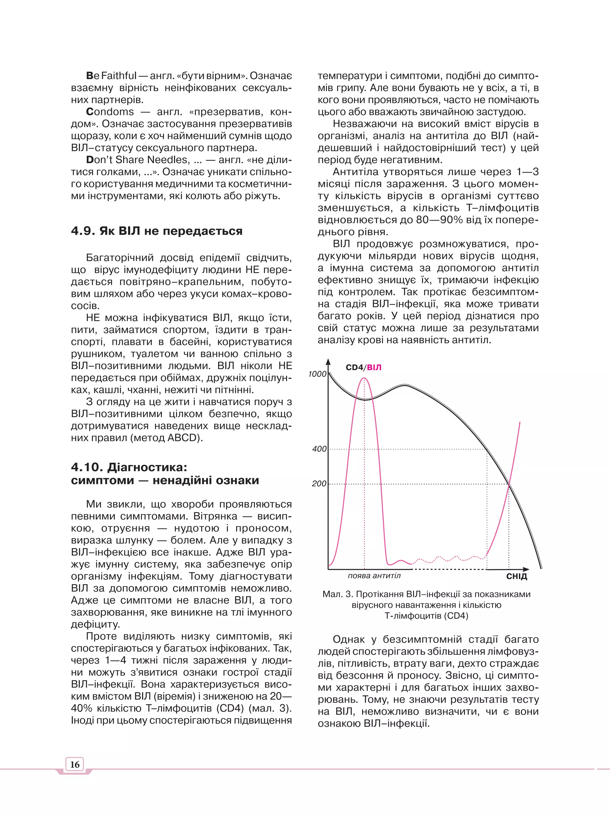 Be Faithful — англ. «бути вірним». Означає     температури і симптоми, подібні до симпто-
взаємну вірність неінфікованих сексуаль-          мів грипу. Але вони бувають не у всіх, а ті, в
них партнерів.                                    кого вони проявляються, часто не помічають
   Соndoms — англ. «презерватив, кон-             цього або вважають звичайною застудою.
дом». Означає застосування презервативів             Незважаючи на високий вміст вірусів в
щоразу, коли є хоч найменший сумнів щодо          організмі, аналіз на антитіла до ВІЛ (най-
ВІЛ–статусу сексуального партнера.                дешевший і найдостовірніший тест) у цей
   Don’t Share Needlеs, ... — англ. «не діли-     період буде негативним.
тися голками, ...». Означає уникати спільно-         Антитіла утворяться лише через 1—3
го користування медичними та косметични-          місяці після зараження. З цього момен-
ми інструментами, які колють або ріжуть.          ту кількість вірусів в організмі суттєво
                                                  зменшується, а кількість Т–лімфоцитів
                                                  відновлюється до 80—90% від їх попере-
4.9. Як ВІЛ не передається                        днього рівня.
                                                     ВІЛ продовжує розмножуватися, про-
   Багаторічний досвід епідемії свідчить,         дукуючи мільярди нових вірусів щодня,
що вірус імунодефіциту людини НЕ пере-            а імунна система за допомогою антитіл
дається повітряно–крапельним, побуто-             ефективно знищує їх, тримаючи інфекцію
вим шляхом або через укуси комах–крово-           під контролем. Так протікає безсимптом-
сосів.                                            на стадія ВІЛ–інфекції, яка може тривати
   НЕ можна інфікуватися ВІЛ, якщо їсти,          багато років. У цей період дізнатися про
пити, займатися спортом, їздити в тран-           свій статус можна лише за результатами
спорті, плавати в басейні, користуватися          аналізу крові на наявність антитіл.
рушником, туалетом чи ванною спільно з
ВІЛ–позитивними людьми. ВІЛ ніколи НЕ                   CD4/ВІЛ
                                                1000
передається при обіймах, дружніх поцілун-
ках, кашлі, чханні, нежиті чи пітнінні.
   З огляду на це жити і навчатися поруч з
ВІЛ–позитивними цілком безпечно, якщо
дотримуватися наведених вище несклад-
них правил (метод АВСD).
                                                400

4.10. Діагностика:
симптоми — ненадійні ознаки                     200

   Ми звикли, що хвороби проявляються
певними симптомами. Вітрянка — висип-
кою, отруєння — нудотою і проносом,
виразка шлунку — болем. Але у випадку з
ВІЛ–інфекцією все інакше. Адже ВІЛ ура-
жує імунну систему, яка забезпечує опір
організму інфекціям. Тому діагностувати                 поява антитіл                      СНІД
ВІЛ за допомогою симптомів неможливо.
                                                   Мал. 3. Протікання ВІЛ–інфекції за показниками
Адже це симптоми не власне ВІЛ, а того                   вірусного навантаження і кількістю
захворювання, яке виникне на тлі імунного                        Т-лімфоцитів (CD4)
дефіциту.
   Проте виділяють низку симптомів, які              Однак у безсимптомній стадії багато
спостерігаються у багатьох інфікованих. Так,      людей спостерігають збільшення лімфовуз-
через 1—4 тижні після зараження у люди-           лів, пітливість, втрату ваги, дехто страждає
ни можуть з’явитися ознаки гострої стадії         від безсоння й проносу. Звісно, ці симпто-
ВІЛ–інфекції. Вона характеризується висо-         ми характерні і для багатьох інших захво-
ким вмістом ВІЛ (віремія) і зниженою на 20—       рювань. Тому, не знаючи результатів тесту
40% кількістю Т–лімфоцитів (СD4) (мал. 3).        на ВІЛ, неможливо визначити, чи є вони
Іноді при цьому спостерігаються підвищення        ознакою ВІЛ–інфекції.


16
 
