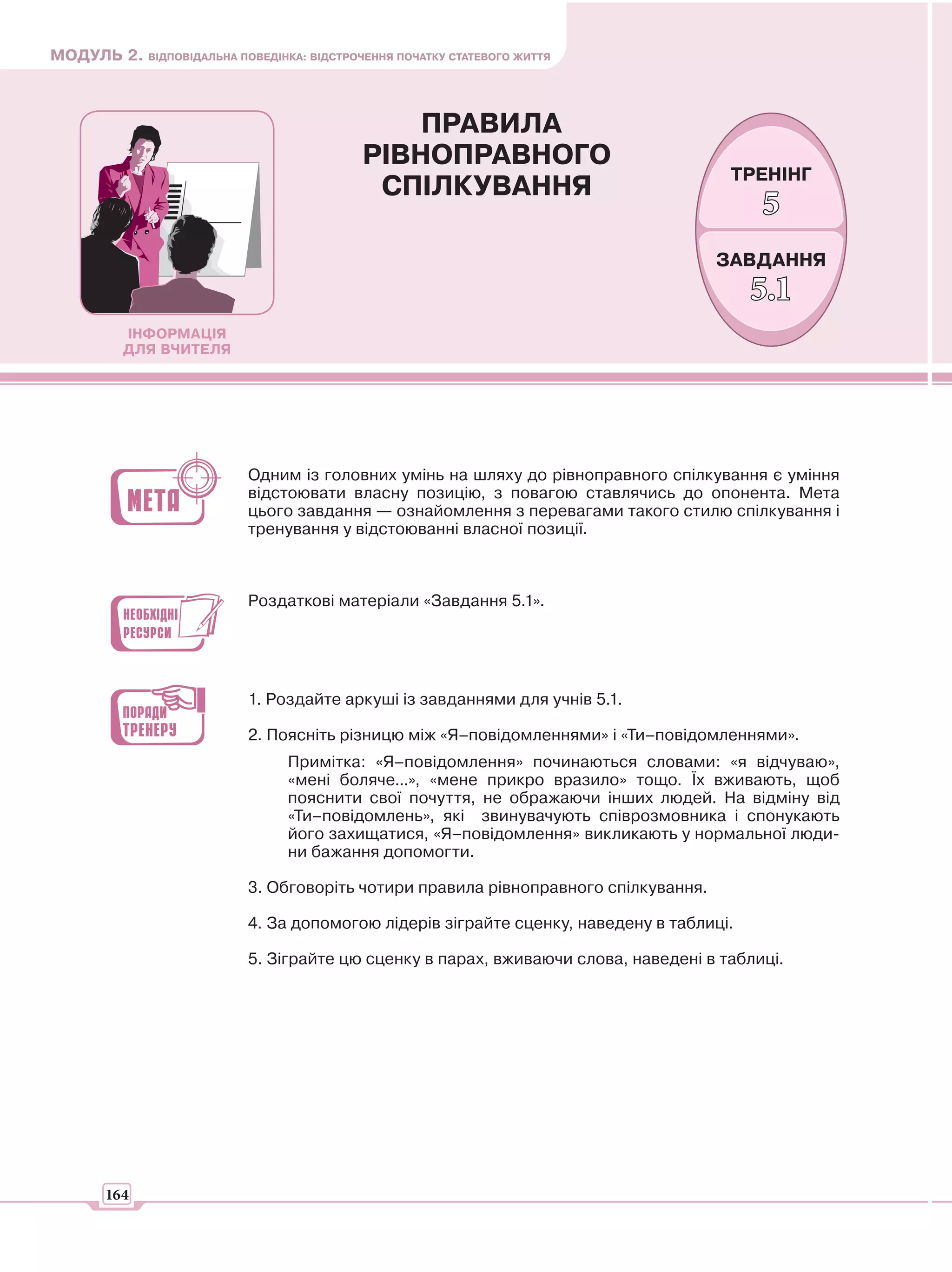 МОДУЛЬ 2. ВІДПОВІДАЛЬНА ПОВЕДІНКА: ВІДСТРОЧЕННЯ ПОЧАТКУ СТАТЕВОГО ЖИТТЯ



                                                ПРАВИЛА
                                            РІВНОПРАВНОГО
                                                                                       ТРЕНІНГ
                                             СПІЛКУВАННЯ
                                                                                           5
                                                                                      ЗАВДАННЯ
                                                                                           5.1
          ІНФОРМАЦІЯ
          ДЛЯ ВЧИТЕЛЯ




                            Одним із головних умінь на шляху до рівноправного спілкування є уміння
                            відстоювати власну позицію, з повагою ставлячись до опонента. Мета
                            цього завдання — ознайомлення з перевагами такого стилю спілкування і
                            тренування у відстоюванні власної позиції.



                            Роздаткові матеріали «Завдання 5.1».




                            1. Роздайте аркуші із завданнями для учнів 5.1.

                            2. Поясніть різницю між «Я–повідомленнями» і «Ти–повідомленнями».
                                 Примітка: «Я–повідомлення» починаються словами: «я відчуваю»,
                                 «мені боляче...», «мене прикро вразило» тощо. Їх вживають, щоб
                                 пояснити свої почуття, не ображаючи інших людей. На відміну від
                                 «Ти–повідомлень», які звинувачують співрозмовника і спонукають
                                 його захищатися, «Я–повідомлення» викликають у нормальної люди-
                                 ни бажання допомогти.

                            3. Обговоріть чотири правила рівноправного спілкування.

                            4. За допомогою лідерів зіграйте сценку, наведену в таблиці.

                            5. Зіграйте цю сценку в парах, вживаючи слова, наведені в таблиці.




       164
 