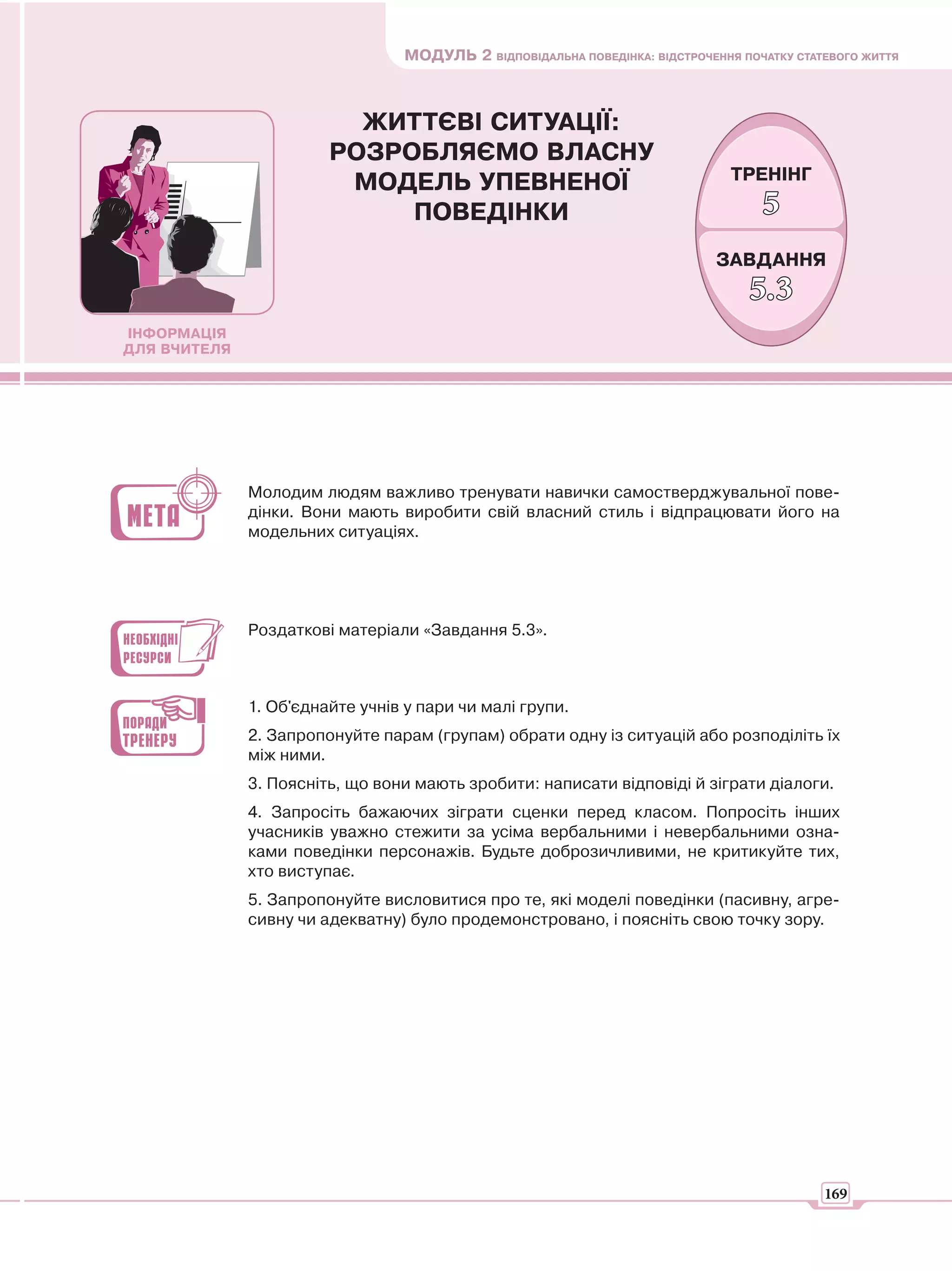 МОДУЛЬ 2 ВІДПОВІДАЛЬНА ПОВЕДІНКА: ВІДСТРОЧЕННЯ ПОЧАТКУ СТАТЕВОГО ЖИТТЯ



                          ЖИТТЄВІ СИТУАЦІЇ:
                        РОЗРОБЛЯЄМО ВЛАСНУ
                                                                               ТРЕНІНГ
                         МОДЕЛЬ УПЕВНЕНОЇ
                             ПОВЕДІНКИ                                             5
                                                                             ЗАВДАННЯ
                                                                                 5.3
ІНФОРМАЦІЯ
ДЛЯ ВЧИТЕЛЯ




              Молодим людям важливо тренувати навички самостверджувальної пове-
              дінки. Вони мають виробити свій власний стиль і відпрацювати його на
              модельних ситуаціях.




              Роздаткові матеріали «Завдання 5.3».



              1. Об'єднайте учнів у пари чи малі групи.
              2. Запропонуйте парам (групам) обрати одну із ситуацій або розподіліть їх
              між ними.
              3. Поясніть, що вони мають зробити: написати відповіді й зіграти діалоги.
              4. Запросіть бажаючих зіграти сценки перед класом. Попросіть інших
              учасників уважно стежити за усіма вербальними і невербальними озна-
              ками поведінки персонажів. Будьте доброзичливими, не критикуйте тих,
              хто виступає.
              5. Запропонуйте висловитися про те, які моделі поведінки (пасивну, агре-
              сивну чи адекватну) було продемонстровано, і поясніть свою точку зору.




                                                                                            169
 