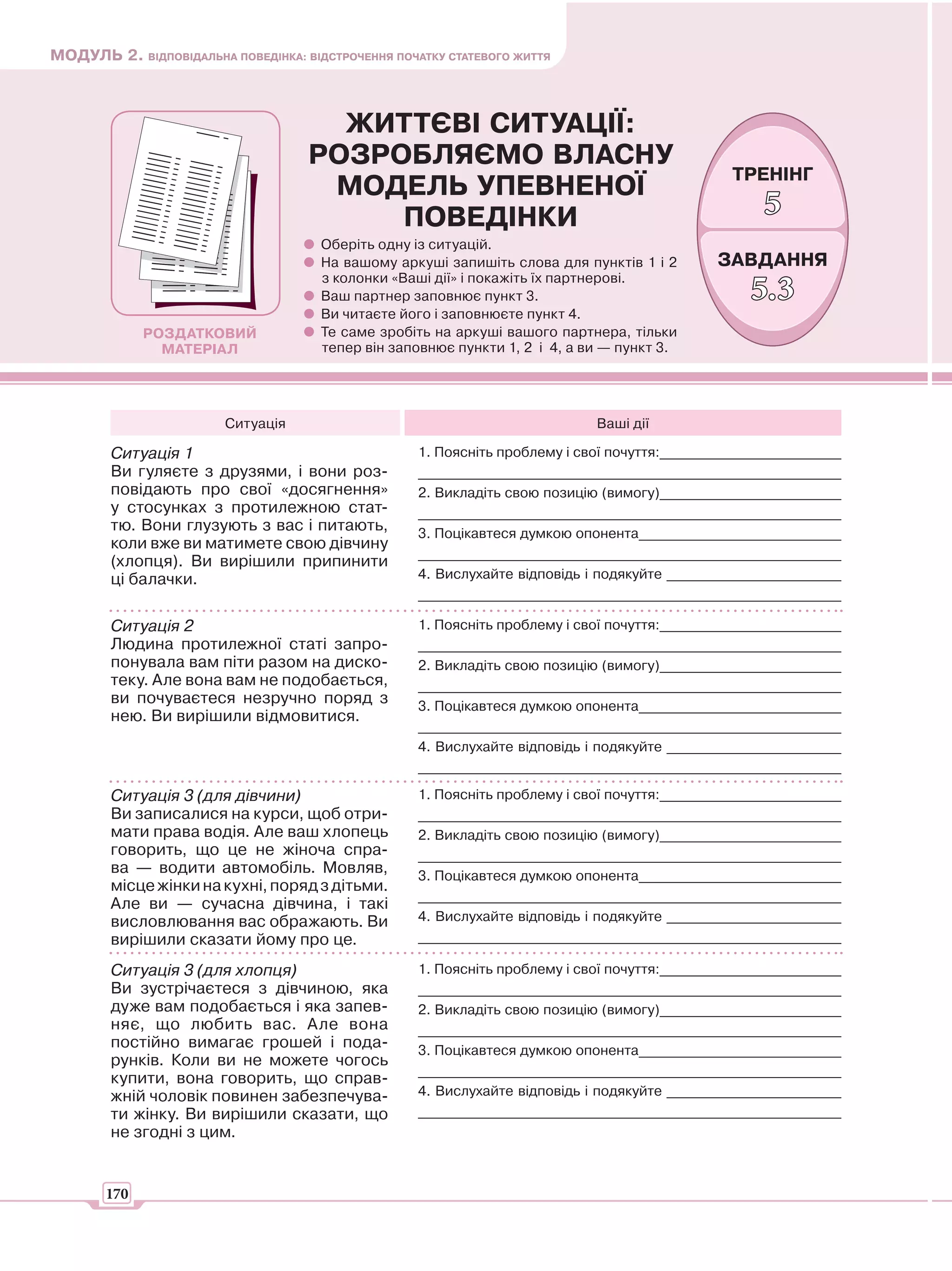 МОДУЛЬ 2. ВІДПОВІДАЛЬНА ПОВЕДІНКА: ВІДСТРОЧЕННЯ ПОЧАТКУ СТАТЕВОГО ЖИТТЯ



                                      ЖИТТЄВІ СИТУАЦІЇ:
                                    РОЗРОБЛЯЄМО ВЛАСНУ
                                                                                                  ТРЕНІНГ
                                     МОДЕЛЬ УПЕВНЕНОЇ
                                         ПОВЕДІНКИ                                                    5
                                      Оберіть одну із ситуацій.
                                      На вашому аркуші запишіть слова для пунктів 1 і 2        ЗАВДАННЯ
                                      з колонки «Ваші дії» і покажіть їх партнерові.
                                      Ваш партнер заповнює пункт 3.                                 5.3
                                      Ви читаєте його і заповнюєте пункт 4.
             РОЗДАТКОВИЙ              Те саме зробіть на аркуші вашого партнера, тільки
               МАТЕРІАЛ               тепер він заповнює пункти 1, 2 і 4, а ви — пункт 3.




                        Ситуація                                              Ваші дії

        Ситуація 1                                  1. Поясніть проблему і свої почуття:__________________________
        Ви гуляєте з друзями, і вони роз-           ____________________________________________________________
        повідають про свої «досягнення»             2. Викладіть свою позицію (вимогу)__________________________
        у стосунках з протилежною стат-             ____________________________________________________________
        тю. Вони глузують з вас і питають,          3. Поцікавтеся думкою опонента_____________________________
        коли вже ви матимете свою дівчину
                                                    ____________________________________________________________
        (хлопця). Ви вирішили припинити
        ці балачки.                                 4. Вислухайте відповідь і подякуйте _________________________
                                                    ____________________________________________________________

        Ситуація 2                                  1. Поясніть проблему і свої почуття:__________________________
        Людина протилежної статі запро-             ____________________________________________________________
        понувала вам піти разом на диско-           2. Викладіть свою позицію (вимогу)__________________________
        теку. Але вона вам не подобається,          ____________________________________________________________
        ви почуваєтеся незручно поряд з             3. Поцікавтеся думкою опонента_____________________________
        нею. Ви вирішили відмовитися.
                                                    ____________________________________________________________
                                                    4. Вислухайте відповідь і подякуйте _________________________
                                                    ____________________________________________________________

        Ситуація 3 (для дівчини)                    1. Поясніть проблему і свої почуття:__________________________
        Ви записалися на курси, щоб отри-           ____________________________________________________________
        мати права водія. Але ваш хлопець           2. Викладіть свою позицію (вимогу)__________________________
        говорить, що це не жіноча спра-             ____________________________________________________________
        ва — водити автомобіль. Мовляв,             3. Поцікавтеся думкою опонента_____________________________
        місце жінки на кухні, поряд з дітьми.
                                                    ____________________________________________________________
        Але ви — сучасна дівчина, і такі
        висловлювання вас ображають. Ви             4. Вислухайте відповідь і подякуйте _________________________
        вирішили сказати йому про це.               ____________________________________________________________

        Ситуація 3 (для хлопця)                     1. Поясніть проблему і свої почуття:__________________________
        Ви зустрічаєтеся з дівчиною, яка            ____________________________________________________________
        дуже вам подобається і яка запев-           2. Викладіть свою позицію (вимогу)__________________________
        няє, що любить вас. Але вона                ____________________________________________________________
        постійно вимагає грошей і пода-             3. Поцікавтеся думкою опонента_____________________________
        рунків. Коли ви не можете чогось
                                                    ____________________________________________________________
        купити, вона говорить, що справ-
        жній чоловік повинен забезпечува-           4. Вислухайте відповідь і подякуйте _________________________
        ти жінку. Ви вирішили сказати, що           ____________________________________________________________
        не згодні з цим.


       170
 