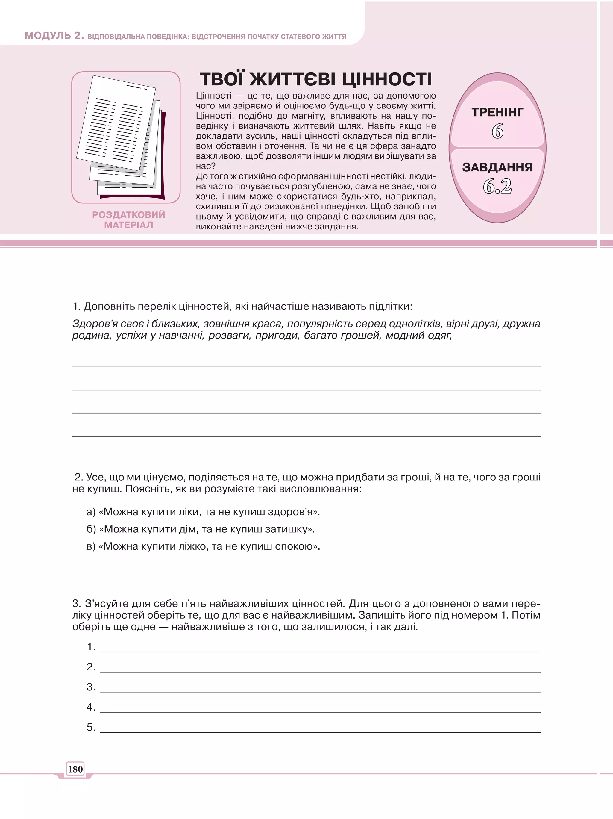 МОДУЛЬ 2. ВІДПОВІДАЛЬНА ПОВЕДІНКА: ВІДСТРОЧЕННЯ ПОЧАТКУ СТАТЕВОГО ЖИТТЯ



                                      ТВОЇ ЖИТТЄВІ ЦІННОСТІ
                                     Цінності — це те, що важливе для нас, за допомогою
                                     чого ми звіряємо й оцінюємо будь-що у своєму житті.
                                     Цінності, подібно до магніту, впливають на нашу по-       ТРЕНІНГ
                                     ведінку і визначають життєвий шлях. Навіть якщо не
                                     докладати зусиль, наші цінності складуться під впли-
                                     вом обставин і оточення. Та чи не є ця сфера занадто
                                                                                                 6
                                     важливою, щоб дозволяти іншим людям вирішувати за
                                     нас?                                                     ЗАВДАННЯ
                                     До того ж стихійно сформовані цінності нестійкі, люди-
                                     на часто почувається розгубленою, сама не знає, чого
                                     хоче, і цим може скористатися будь-хто, наприклад,
                                                                                                6.2
                                     схиливши її до ризикованої поведінки. Щоб запобігти
                РОЗДАТКОВИЙ          цьому й усвідомити, що справді є важливим для вас,
                  МАТЕРІАЛ           виконайте наведені нижче завдання.




          1. Доповніть перелік цінностей, які найчастіше називають підлітки:
          Здоров’я своє і близьких, зовнішня краса, популярність серед однолітків, вірні друзі, дружна
          родина, успіхи у навчанні, розваги, пригоди, багато грошей, модний одяг,

          _________________________________________________________________________________________

          _________________________________________________________________________________________

          _________________________________________________________________________________________

          _________________________________________________________________________________________



          2. Усе, що ми цінуємо, поділяється на те, що можна придбати за гроші, й на те, чого за гроші
          не купиш. Поясніть, як ви розумієте такі висловлювання:

               а) «Можна купити ліки, та не купиш здоров’я».
               б) «Можна купити дім, та не купиш затишку».
               в) «Можна купити ліжко, та не купиш спокою».




          3. З’ясуйте для себе п’ять найважливіших цінностей. Для цього з доповненого вами пере-
          ліку цінностей оберіть те, що для вас є найважливішим. Запишіть його під номером 1. Потім
          оберіть ще одне — найважливіше з того, що залишилося, і так далі.
               1. ____________________________________________________________________________________
               2. ____________________________________________________________________________________
               3. ____________________________________________________________________________________
               4. ____________________________________________________________________________________
               5. ____________________________________________________________________________________


         180
 