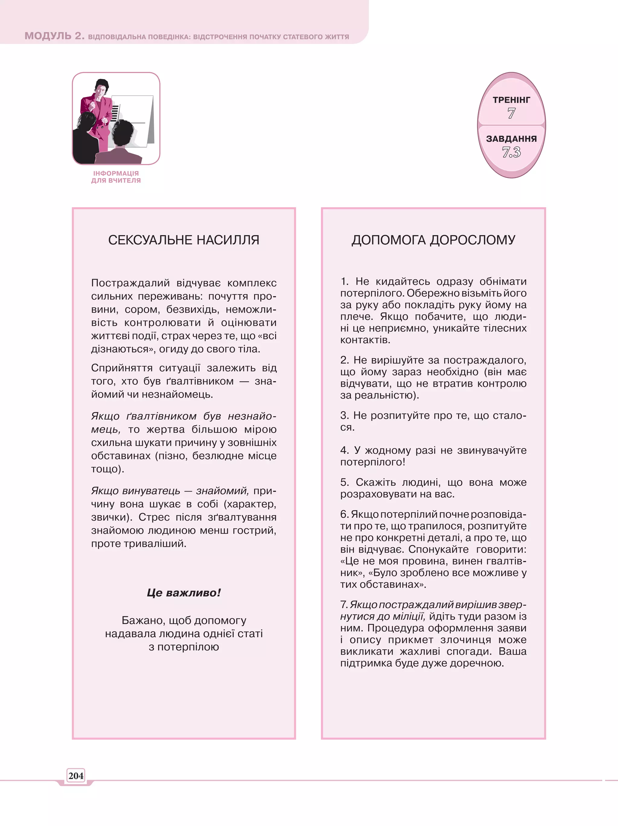 МОДУЛЬ 2. ВІДПОВІДАЛЬНА ПОВЕДІНКА: ВІДСТРОЧЕННЯ ПОЧАТКУ СТАТЕВОГО ЖИТТЯ




                                                                                                    ТРЕНІНГ
                                                                                                       7
                                                                                                  ЗАВДАННЯ
                                                                                                     7.3
               ІНФОРМАЦІЯ
               ДЛЯ ВЧИТЕЛЯ




                  СЕКСУАЛЬНЕ НАСИЛЛЯ                                      ДОПОМОГА ДОРОСЛОМУ


               Постраждалий відчуває комплекс                        1. Не кидайтесь одразу обнімати
               сильних переживань: почуття про-                      потерпілого. Обережно візьміть його
               вини, сором, безвихідь, неможли-                      за руку або покладіть руку йому на
                                                                     плече. Якщо побачите, що люди-
               вість контролювати й оцінювати
                                                                     ні це неприємно, уникайте тілесних
               життєві події, страх через те, що «всі                контактів.
               дізнаються», огиду до свого тіла.
                                                                     2. Не вирішуйте за постраждалого,
               Сприйняття ситуації залежить від                      що йому зараз необхідно (він має
               того, хто був ґвалтівником — зна-                     відчувати, що не втратив контролю
               йомий чи незнайомець.                                 за реальністю).
               Якщо ґвалтівником був незнайо-                        3. Не розпитуйте про те, що стало-
               мець, то жертва більшою мірою                         ся.
               схильна шукати причину у зовнішніх
                                                                     4. У жодному разі не звинувачуйте
               обставинах (пізно, безлюдне місце
                                                                     потерпілого!
               тощо).
                                                                     5. Скажіть людині, що вона може
               Якщо винуватець — знайомий, при-                      розраховувати на вас.
               чину вона шукає в собі (характер,
               звички). Стрес після зґвалтування                     6. Якщо потерпілий почне розповіда-
               знайомою людиною менш гострий,                        ти про те, що трапилося, розпитуйте
                                                                     не про конкретні деталі, а про те, що
               проте триваліший.
                                                                     він відчуває. Спонукайте говорити:
                                                                     «Це не моя провина, винен гвалтів-
                                                                     ник», «Було зроблено все можливе у
                                                                     тих обставинах».
                             Це важливо!
                                                                     7. Якщо постраждалий вирішив звер-
                     Бажано, щоб допомогу                            нутися до міліції, йдіть туди разом із
                                                                     ним. Процедура оформлення заяви
                  надавала людина однієї статі
                                                                     і опису прикмет злочинця може
                         з потерпілою                                викликати жахливі спогади. Ваша
                                                                     підтримка буде дуже доречною.




         204
 