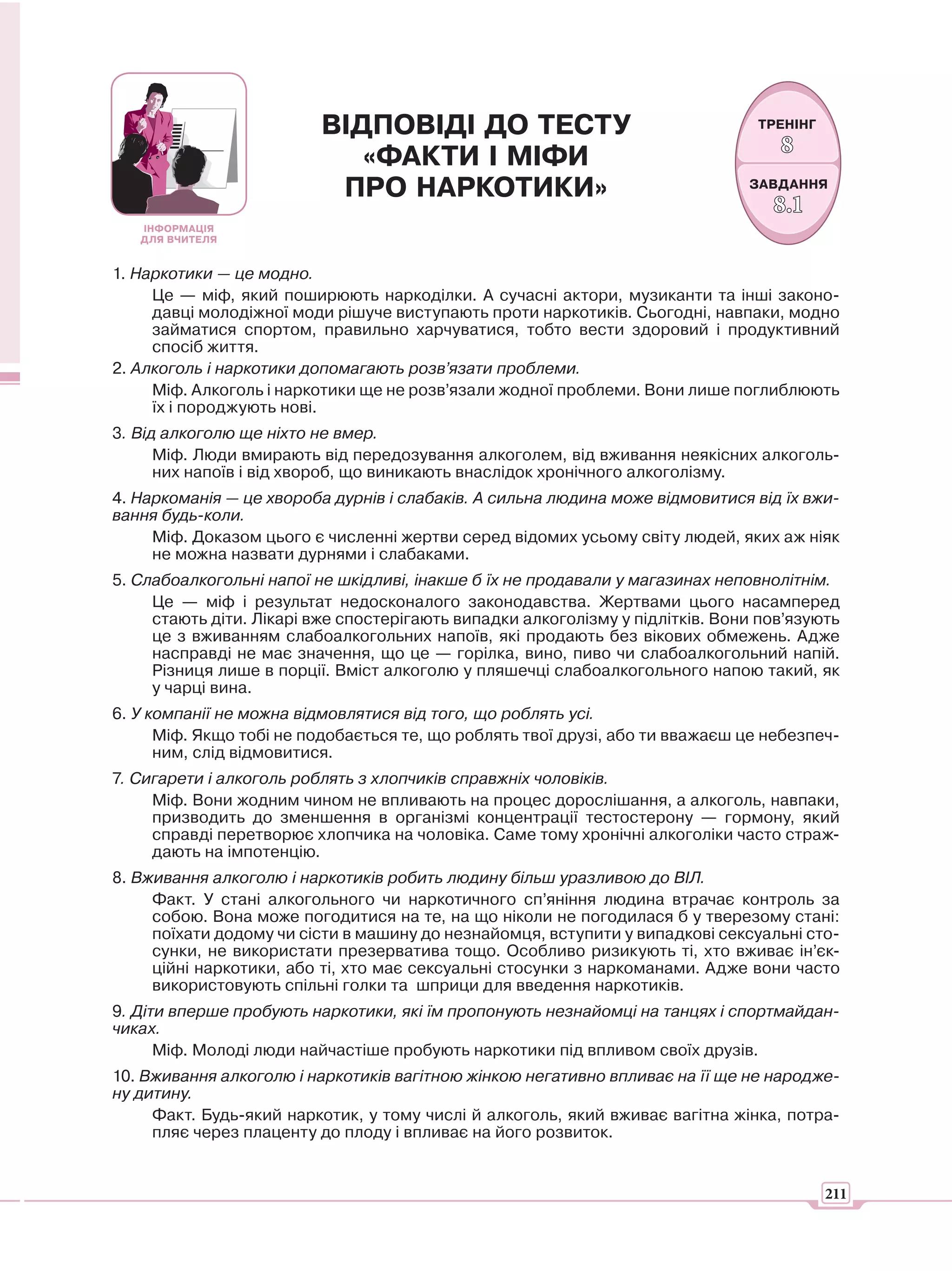 ВІДПОВІДІ ДО ТЕСТУ                                    ТРЕНІНГ
                                                                                   8
                             «ФАКТИ І МІФИ
                           ПРО НАРКОТИКИ»                                      ЗАВДАННЯ
                                                                                  8.1
   ІНФОРМАЦІЯ
   ДЛЯ ВЧИТЕЛЯ


1. Наркотики — це модно.
     Це — міф, який поширюють наркоділки. А сучасні актори, музиканти та інші законо-
     давці молодіжної моди рішуче виступають проти наркотиків. Сьогодні, навпаки, модно
     займатися спортом, правильно харчуватися, тобто вести здоровий і продуктивний
     спосіб життя.
2. Алкоголь і наркотики допомагають розв’язати проблеми.
     Міф. Алкоголь і наркотики ще не розв’язали жодної проблеми. Вони лише поглиблюють
     їх і породжують нові.
3. Від алкоголю ще ніхто не вмер.
      Міф. Люди вмирають від передозування алкоголем, від вживання неякісних алкоголь-
      них напоїв і від хвороб, що виникають внаслідок хронічного алкоголізму.
4. Наркоманія — це хвороба дурнів і слабаків. А сильна людина може відмовитися від їх вжи-
вання будь-коли.
     Міф. Доказом цього є численні жертви серед відомих усьому світу людей, яких аж ніяк
     не можна назвати дурнями і слабаками.
5. Слабоалкогольні напої не шкідливі, інакше б їх не продавали у магазинах неповнолітнім.
     Це — міф і результат недосконалого законодавства. Жертвами цього насамперед
     стають діти. Лікарі вже спостерігають випадки алкоголізму у підлітків. Вони пов’язують
     це з вживанням слабоалкогольних напоїв, які продають без вікових обмежень. Адже
     насправді не має значення, що це — горілка, вино, пиво чи слабоалкогольний напій.
     Різниця лише в порції. Вміст алкоголю у пляшечці слабоалкогольного напою такий, як
     у чарці вина.
6. У компанії не можна відмовлятися від того, що роблять усі.
      Міф. Якщо тобі не подобається те, що роблять твої друзі, або ти вважаєш це небезпеч-
      ним, слід відмовитися.
7. Сигарети і алкоголь роблять з хлопчиків справжніх чоловіків.
     Міф. Вони жодним чином не впливають на процес дорослішання, а алкоголь, навпаки,
     призводить до зменшення в організмі концентрації тестостерону — гормону, який
     справді перетворює хлопчика на чоловіка. Саме тому хронічні алкоголіки часто страж-
     дають на імпотенцію.
8. Вживання алкоголю і наркотиків робить людину більш уразливою до ВІЛ.
     Факт. У стані алкогольного чи наркотичного сп’яніння людина втрачає контроль за
     собою. Вона може погодитися на те, на що ніколи не погодилася б у тверезому стані:
     поїхати додому чи сісти в машину до незнайомця, вступити у випадкові сексуальні сто-
     сунки, не використати презерватива тощо. Особливо ризикують ті, хто вживає ін’єк-
     ційні наркотики, або ті, хто має сексуальні стосунки з наркоманами. Адже вони часто
     використовують спільні голки та шприци для введення наркотиків.
9. Діти вперше пробують наркотики, які їм пропонують незнайомці на танцях і спортмайдан-
чиках.
      Міф. Молоді люди найчастіше пробують наркотики під впливом своїх друзів.
10. Вживання алкоголю і наркотиків вагітною жінкою негативно впливає на її ще не народже-
ну дитину.
     Факт. Будь-який наркотик, у тому числі й алкоголь, який вживає вагітна жінка, потра-
     пляє через плаценту до плоду і впливає на його розвиток.


                                                                                          211
 