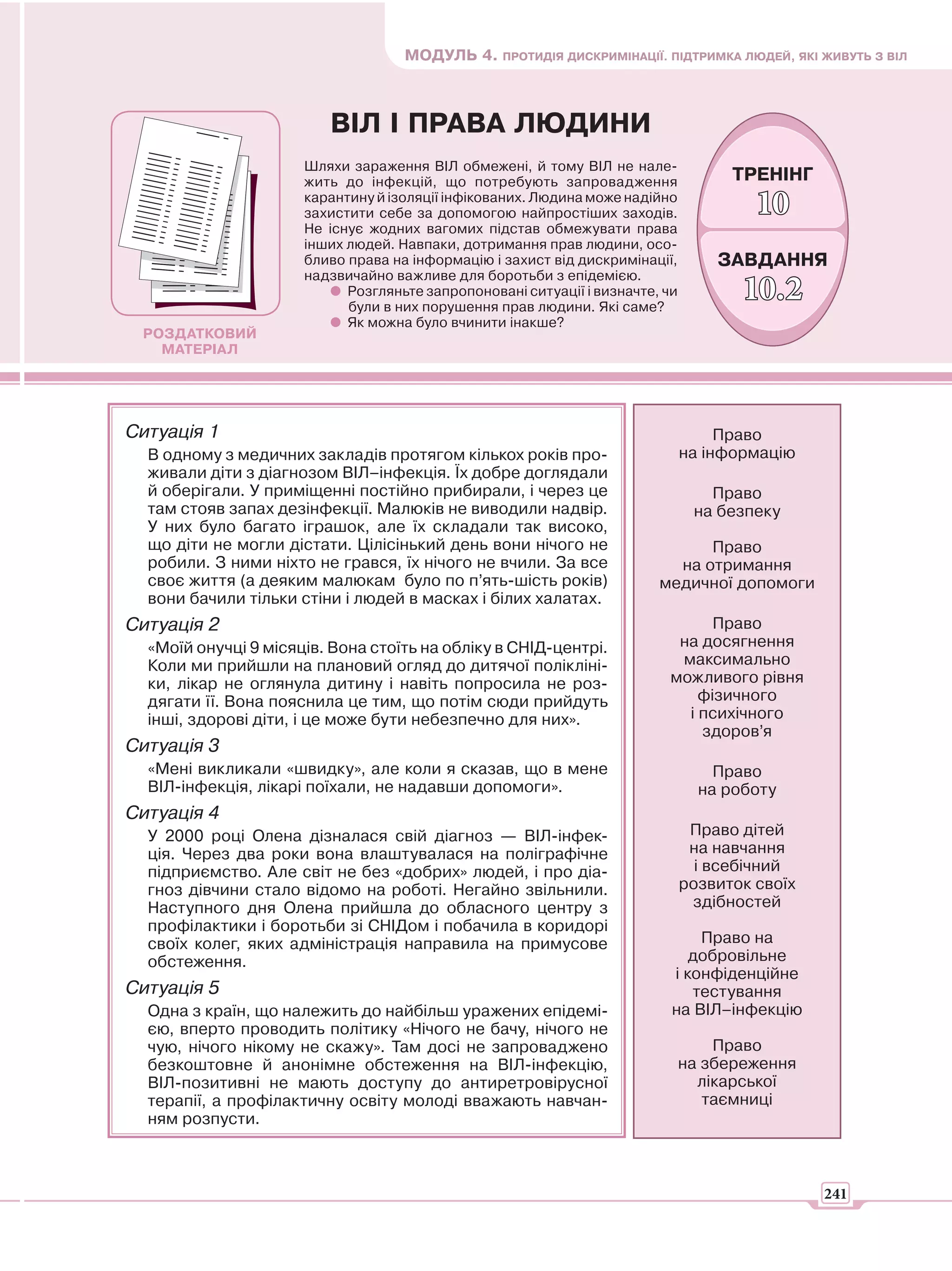 МОДУЛЬ 4. ПРОТИДІЯ ДИСКРИМІНАЦІЇ. ПІДТРИМКА ЛЮДЕЙ, ЯКІ ЖИВУТЬ З ВІЛ



                         ВІЛ І ПРАВА ЛЮДИНИ
                      Шляхи зараження ВІЛ обмежені, й тому ВІЛ не нале-
                      жить до інфекцій, що потребують запровадження                  ТРЕНІНГ
                      карантину й ізоляції інфікованих. Людина може надійно
                      захистити себе за допомогою найпростіших заходів.                 10
                      Не існує жодних вагомих підстав обмежувати права
                      інших людей. Навпаки, дотримання прав людини, осо-
                      бливо права на інформацію і захист від дискримінації,        ЗАВДАННЯ
                      надзвичайно важливе для боротьби з епідемією.
                            Розгляньте запропоновані ситуації і визначте, чи
                            були в них порушення прав людини. Які саме?
                                                                                      10.2
                            Як можна було вчинити інакше?
 РОЗДАТКОВИЙ
   МАТЕРІАЛ




Ситуація 1                                                                          Право
  В одному з медичних закладів протягом кількох років про-                     на інформацію
  живали діти з діагнозом ВІЛ–інфекція. Їх добре доглядали
  й оберігали. У приміщенні постійно прибирали, і через це                        Право
  там стояв запах дезінфекції. Малюків не виводили надвір.                      на безпеку
  У них було багато іграшок, але їх складали так високо,
  що діти не могли дістати. Цілісінький день вони нічого не                    Право
  робили. З ними ніхто не грався, їх нічого не вчили. За все               на отримання
  своє життя (а деяким малюкам було по п’ять-шість років)                медичної допомоги
  вони бачили тільки стіни і людей в масках і білих халатах.
Ситуація 2                                                                      Право
  «Моїй онучці 9 місяців. Вона стоїть на обліку в СНІД-центрі.             на досягнення
  Коли ми прийшли на плановий огляд до дитячої полікліні-                  максимально
  ки, лікар не оглянула дитину і навіть попросила не роз-                 можливого рівня
  дягати її. Вона пояснила це тим, що потім сюди прийдуть                     фізичного
  інші, здорові діти, і це може бути небезпечно для них».                   і психічного
                                                                              здоров’я
Ситуація 3
  «Мені викликали «швидку», але коли я сказав, що в мене                           Право
  ВІЛ-інфекція, лікарі поїхали, не надавши допомоги».                            на роботу
Ситуація 4
  У 2000 році Олена дізналася свій діагноз — ВІЛ-інфек-                         Право дітей
  ція. Через два роки вона влаштувалася на поліграфічне                         на навчання
  підприємство. Але світ не без «добрих» людей, і про діа-                       і всебічний
  гноз дівчини стало відомо на роботі. Негайно звільнили.                      розвиток своїх
  Наступного дня Олена прийшла до обласного центру з                            здібностей
  профілактики і боротьби зі СНІДом і побачила в коридорі
  своїх колег, яких адміністрація направила на примусове                       Право на
  обстеження.                                                                 добровільне
                                                                           і конфіденційне
Ситуація 5                                                                    тестування
  Одна з країн, що належить до найбільш уражених епідемі-                  на ВІЛ–інфекцію
  єю, вперто проводить політику «Нічого не бачу, нічого не
  чую, нічого нікому не скажу». Там досі не запроваджено                           Право
  безкоштовне й анонімне обстеження на ВІЛ-інфекцію,                           на збереження
  ВІЛ-позитивні не мають доступу до антиретровірусної                            лікарської
  терапії, а профілактичну освіту молоді вважають навчан-                         таємниці
  ням розпусти.



                                                                                                241
 