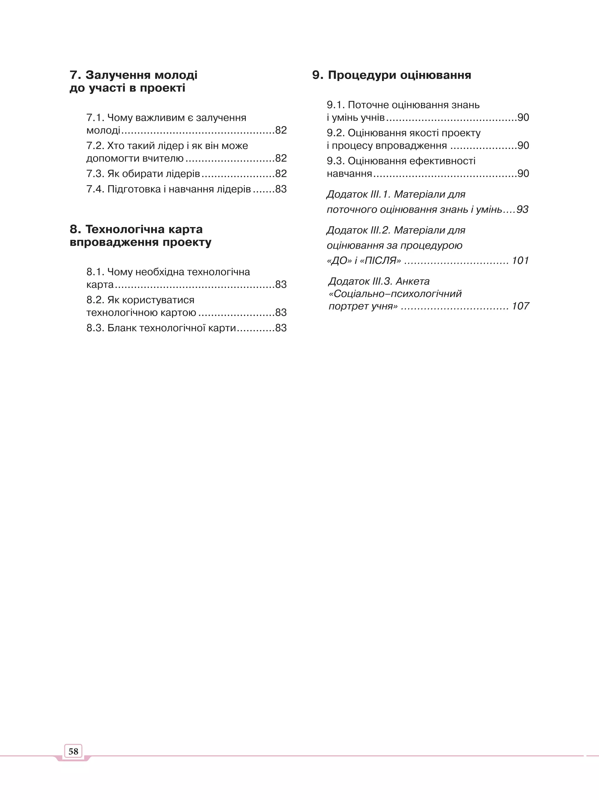 7. Залучення молоді                                               9. Процедури оцінювання
до участі в проекті
                                                                    9.1. Поточне оцінювання знань
     7.1. Чому важливим є залучення                                 і умінь учнів .........................................90
     молоді ................................................82      9.2. Оцінювання якості проекту
     7.2. Хто такий лідер і як він може                             і процесу впровадження .....................90
     допомогти вчителю ............................82               9.3. Оцінювання ефективності
     7.3. Як обирати лідерів .......................82              навчання .............................................90
     7.4. Підготовка і навчання лідерів .......83
                                                                    Додаток ІІІ.1. Матеріали для
                                                                    поточного оцінювання знань і умінь ....93
8. Технологічна карта                                               Додаток ІІІ.2. Матеріали для
впровадження проекту                                                оцінювання за процедурою
                                                                    «ДО» і «ПІСЛЯ» ................................ 101
     8.1. Чому необхідна технологічна
     карта ..................................................83     Додаток ІІІ.3. Анкета
                                                                    «Соціально–психологічний
     8.2. Як користуватися
                                                                    портрет учня» ................................. 107
     технологічною картою ........................83
     8.3. Бланк технологічної карти ............83




58
 
