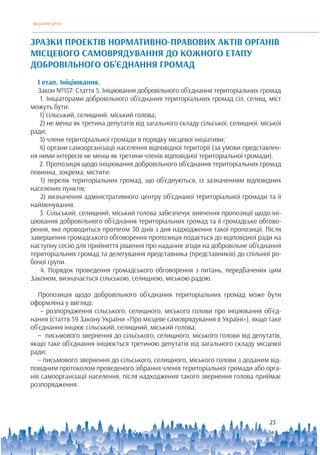ВИДАННЯ ДРУГЕ
23
ЗРАЗКИ ПРОЕКТІВ НОРМАТИВНО-ПРАВОВИХ АКТІВ ОРГАНІВ
МІСЦЕВОГО САМОВРЯДУВАННЯ ДО КОЖНОГО ЕТАПУ
ДОБРОВІЛЬНОГО ОБ’ЄДНАННЯ ГРОМАД
І етап. Ініціювання.
Закон №157: Стаття 5. Ініціювання добровільного об’єднання територіальних громад
1. Ініціаторами добровільного об’єднання територіальних громад сіл, селищ, міст
можуть бути:
1) сільський, селищний, міський голова;
2) не менш як третина депутатів від загального складу сільської, селищної, міської
ради;
3) члени територіальної громади в порядку місцевої ініціативи;
4) органи самоорганізації населення відповідної території (за умови представлен-
ня ними інтересів не менш як третини членів відповідної територіальної громади).
2. Пропозиція щодо ініціювання добровільного об’єднання територіальних громад
повинна, зокрема, містити:
1) перелік територіальних громад, що об’єднуються, із зазначенням відповідних
населених пунктів;
2) визначення адміністративного центру об’єднаної територіальної громади та її
найменування.
3. Сільський, селищний, міський голова забезпечує вивчення пропозиції щодо іні-
ціювання добровільного об’єднання територіальних громад та її громадське обгово-
рення, яке проводиться протягом 30 днів з дня надходження такої пропозиції. Після
завершення громадського обговорення пропозиція подається до відповідної ради на
наступну сесію для прийняття рішення про надання згоди на добровільне об’єднання
територіальних громад та делегування представника (представників) до спільної ро-
бочої групи.
4. Порядок проведення громадського обговорення з питань, передбачених цим
Законом, визначається сільською, селищною, міською радою.
Пропозиція щодо добровільного об’єднання територіальних громад може бути
оформлена у вигляді:
– розпорядження сільського, селищного, міського голови про ініціювання об’єд-
нання (стаття 59 Закону України «Про місцеве самоврядування в Україні»), якщо таке
об’єднання ініціює сільський, селищний, міський голова;
– письмового звернення до сільського, селищного, міського голови від депутатів,
якщо таке об’єднання ініціюється третиною депутатів від загального складу місцевої
ради;
– письмового звернення до сільського, селищного, міського голови з доданим від-
повідним протоколом проведеного зібрання членів територіальної громади або орга-
нів самоорганізації населення, після надходження такого звернення голова приймає
розпорядження.
 