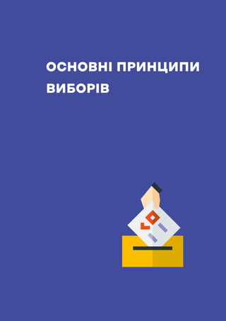 14
ЗАГАЛЬНЕ ВИБОРЧЕ ПРАВО
Право голосу мають громадяни України, яким на день голосування ви-
повнилося 18 років (ч. 1 ст. ...