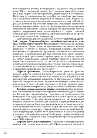 IМУНОПРОФІЛАКТИКА ІНФЕКЦІЙНИХ ХВОРОБ
130
ком порушення функції Т-лімфоцитів і відсутності продукування
ними IFN-γ є вторинний дефіцит бактерицидної функції макрофа-
гів. У цих хворих можливий розвиток дисемінованої БЦЖ-інфекції.
Пацієнтам із комбінованим імунодефіцитом повністю протипока-
зана вакцинація живими вірусними та бактеріальними вакцинами,
а також рекомендована ізоляція від імунокомпетентних осіб, які от-
римали щеплення зазначеними вакцинами. Вакцинація інактивова-
ними вакцинами в таких хворих неефективна внаслідок порушення
формування адекватної імунної відповіді. Їм призначають замісну
терапію внутрішньовенним імуноглобуліном як варіант пасивної
імунізації, що забезпечує захист від інфекційних збудників до прове-
дення трансплантації кісткового мозку.
Для часткових дефектів клітинного імунітету (синдром Ді Джор-
джі, синдром Віскотта–Олдріча, атаксія-телеангіектазія, син-
дром гіперімуноглобулінемії E) характерна субоптимальна відповідь
на щеплення. Таким пацієнтам протипоказана вакцинація живими
вакцинами у зв’язку із ризиком виникнення інфекцій, спричине-
них живими атенуйованими збудниками. Iмунізація інактивованими
вакцинами й анатоксинами для них безпечна; вони здатні сформу-
вати частковий протективний імунітет проти антигенів, що входять
до складу інактивованих вакцин. Оскільки пацієнти з частковими
дефектами клітинного імунітету схильні до частих рецидивних ін-
фекцій, спричинених капсульними бактеріями, їм рекомендована до-
даткова імунізація проти пневмококової та менінгококової інфекцій,
а також щорічна вакцинація проти грипу.
Дефекти фагоцитозу. Найхарактернішими формами функціо-
нальних дефектів системи фагоцитозу є хронічна гранульоматозна
хвороба, дефект адгезії лейкоцитів та дефект шляху IFN-γ/IL-12. У та-
ких пацієнтів відзначається схильність до бактеріальних і грибкових
інфекцій. Внутрішньоклітинні збудники (мікобактерії, гриби) можуть
спричинювати появу абсцесів селезінки та печінки, розвиток реци-
дивних лімфаденітів і хронічного гранульоматозного ураження легень.
Хронічна гранульоматозна хвороба характеризується нормаль-
ною гуморальною і клітинно-опосередкованою відповіддю на вакци-
ни. Клітини системи фагоцитозу – макрофаги та поліморфноядерні
нейтрофіли – не відіграють особливої ролі в захисті організму від ві-
русних інфекцій. Отже, живі вірусні вакцини, як і всі інактивовані
вакцини, абсолютно безпечні для пацієнтів із функціональними де-
фектами фагоцитозу. Крім того, вакцинація проти вітряної віспи може
запобігати розвитку тяжких інфекцій шкіри, які виникають при інфі-
куванні диким штамом вірусу вітряної віспи. Водночас живі бактері-
альні вакцини (БЦЖ) можуть бути небезпечними в разі застосування
у хворих із дефектами фагоцитозу. За відсутності нормальної функції
Т-лімфоцитів і макрофагів існує ризик розвитку хронічної дисеміно-
ваної БЦЖ-інфекції.
Дефекти системи комплементу. У пацієнтів із дефіцитом ранніх
компонентів системи комплементу (С1–С4) відзначається схильність
 