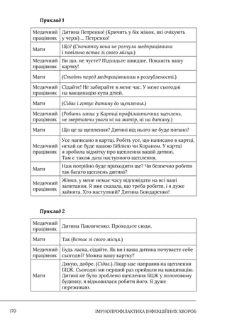 IМУНОПРОФІЛАКТИКА ІНФЕКЦІЙНИХ ХВОРОБ
170
Приклад 1
Медичний
працівник
Дитина Петренко! (Кричить у бік жінок, які очікують
у черзі) ... Петренко!
Мати
Що? (Спочатку вона не розчула медпрацівника
і повільно встає зі свого місця.)
Медичний
працівник
Ви що, не чуєте? Підходьте швидше. Покажіть вашу
картку!
Мати (Стоїть перед медпрацівником в розгубленості.)
Медичний
працівник
Сідайте! Не забирайте в мене час. У мене сьогодні
на вакцинацію купа дітей.
Мати (Сідає і готує дитину до щеплення.)
Медичний
працівник
(Робить запис у Картці профілактичних щеплень,
не звертаючи уваги ні на матір, ні на дитину.)
Мати Що це за щеплення? Дитині від нього не буде погано?
Медичний
працівник
Усе написано в картці. Робіть усе, що написано в картці,
нехай це буде вашою Біблією чи Кораном. У картці
я зробила відмітку про щеплення вашій дитині.
Там є також дата наступного щеплення.
Мати
Нам потрібно буде приходити ще? Чи безпечно робити
так багато щеплень дитині?
Медичний
працівник
Жінко, у мене немає часу відповідати на всі ваші
запитання. Я вже сказала, що треба робити, і я дуже
зайнята. Хто наступний? Дитина Бондаренко!
Приклад 2
Медичний
працівник
Дитина Павличенко. Проходьте сюди.
Мати Так (Встає зі свого місця.)
Медичний
працівник
Будь ласка, сідайте. Як ви і ваша дитина почуваєте себе
сьогодні? Можна вашу картку?
Мати
Дякую, добре. (Сідає.) Лікар нас направив на щеплення
БЦЖ. Сьогодні ми перший раз прийшли на вакцинацію.
Дитині не було зроблено щеплення БЦЖ у пологовому
будинку, я відмовилася робити його. Я дуже
переживаю.
 