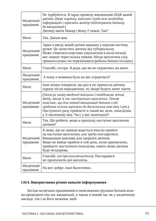 ЧАСТИНА 1. ЗАГАЛЬНА ХАРАКТЕРИСТИКА 171
Медичний
працівник
Не турбуйтеся. Я зараз проведу вакцинацію БЦЖ вашій
дитині. (Бере картку, вносить туди всю необхідну
інформацію і просить матір підготувати дитину
до вакцинації.)
Дитину звати Макар і йому 2 тижні. Так?
Мати Так. Дякую вам.
Медичний
працівник
Зараз я введу вашій дитині вакцину у верхню частину
ручки. Це захистить дитину від туберкульозу.
Може з’явитися невелике ущільнення в місці ін’єкції,
яке зникне через кілька тижнів. Місце щеплення слід
тримати сухим і не перев’язувати (робить дитині ін’єкцію.)
Мати Спасибі, сестро. Я рада, що ви не сердились на мене.
Медичний
працівник
А чому я повинна була на вас сердитися?
Мати
Інші жінки говорили, що раз я не принесла дитину
одразу після народження, то лікарі будуть мене лаяти.
Медичний
працівник
(Записує назву введеної вакцини і повідомляє жінці
дату, місце й час наступного щеплення. Також
пояснює, що для повної вакцинації дитині слід
зробити кілька щеплень до досягнення нею віку 1 рік.)
Наступного разу прийдете в такий же день, понеділок,
у 3-місячному віці. Чи є у вас запитання?
Мати
Так. Що робити, якщо я пропущу наступне щеплення
дитини?
Медичний
працівник
Я знаю, що не завжди вдається вчасно прийти
на наступне щеплення, але треба постаратися.
Вакцинація важлива для здоров’я дитини.
Якщо не вийде прийти в той день, коли призначено,
прийдете наступного понеділка, навіть якщо дитина
буде нездорова.
Мати
Спасибі, сестро (посміхається). Постараюся
не пропускати дні щеплень.
Медичний
працівник
На все добре, пані Валентино.
1.10.4. Використання різних каналів інформування
Бесіди медичних працівників із невеликими групами батьків мож-
на проводити під час вакцинації, а також в інший час як у медичному
закладі, так і за його межами, щоб:
 