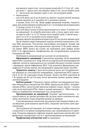 IМУНОПРОФІЛАКТИКА ІНФЕКЦІЙНИХ ХВОРОБ
196
яку вводять через 6 міс. після першої дози) або 0–1–3 міс. (0 – пер-
ша доза; 1 – друга доза, яку вводять через 1 міс. після першої дози;
3 – третя доза, яку вводять через 3 міс. після першої дози);
• двовалентна:
–
– для осіб віком від 9 до 14 років на момент першої ін’єкції вакцину
можна вводити за 2-дозовою чи 3-дозовою схемою;
2-дозова схема: 0–6 міс. Якщо графік вакцинації потребує гнучкості,
другу дозу можна вводити в період між 5-м і 7-м місяцями після першої дози;
3-дозова схема: 0–1–6 міс.;
–
– для осіб віком понад 15 років рекомендується лише 3-дозова схе-
ма вакцинації. За потреби внесення змін у схему другу дозу мож-
на ввести між 1-м та 2,5 місяця після першої дози, а третю дозу –
між 5-м та 12-м місяцями після першої дози.
Вакцину вводять внутрішньом’язово в дозі 0,5 мл для всіх вікових груп.
Після повного курсу вакцинації захисні антитіла визначають у по-
над 99% щеплених. Результати масштабних досліджень впливу цих
вакцин із подальшим спостереженням протягом 9–10 років показа-
ли майже 100% захист від станів, які передують раку шийки матки
(СIN 2–3). Ефективність профілактики від гострокінцевих кондилом
становила 95–99%.
Необхідність ревакцинації до сьогодні не встановлено.
Ефективність вакцинації. Серологічна відповідь після вакцинації
проти ВПЛ сильніша на 1–4 log, ніж після перенесеної папіломавірусної
інфекції. Антитіла локалізуються на слизовій оболонці статевих шляхів
і захищають проти інфікування ВПЛ. Слід зазначити формування спе-
цифічних В-клітин пам’яті, які підтримують тривалий захист від ВПЛ.
Тривалість захисту. У разі застосування трьох доз чотиривалент-
ної вакцини не спостерігали захворювань, спричинених ВПЛ сероти-
пів 6, 11, 16 і 18, упродовж понад 10 років. Захист від ВПЛ серотипів 16
і 18 тривав від 8,4 до 9,4 року після щеплення трьома дозами двова-
лентної вакцини.
Побічні реакції. У більшості дівчат побічні поствакцинальні про-
яви обмежуються болючістю (70–90%), припухлістю (45%) і почерво-
нінням (25%) у місці ін’єкції протягом перших годин, інколи – кількох
днів після імунізації (27%). Лише в деяких випадках ( 10%) спостері-
гаються підвищення температури тіла, нездужання.
Протипоказання до вакцинації. Основне протипоказання – гі-
перчутливість до діючих речовин або до будь-якого компонента вак-
цини, включаючи тяжкі алергійні реакції на дріжджі.
У разі виникнення симптомів, які свідчать про гіперчутливість піс-
ля введення дози вакцини проти ВПЛ, уведення наступної дози про-
типоказане.
Застосування цієї вакцини, як й інших вакцин, потрібно відкласти
в пацієнтів із гострими захворюваннями, що супроводжуються гаряч-
кою. Незначно виражена інфекція верхніх дихальних шляхів або суб-
фебрильна температура тіла не є протипоказанням до вакцинації.
Профілактику контактних осіб не проводять.
 