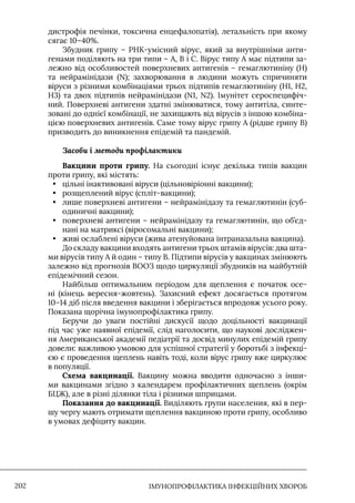 IМУНОПРОФІЛАКТИКА ІНФЕКЦІЙНИХ ХВОРОБ
202
дистрофія печінки, токсична енцефалопатія), летальність при якому
сягає 10–40%.
Збудник грипу – РНК-умісний вірус, який за внутрішніми анти-
генами поділяють на три типи – А, В і С. Вірус типу А має підтипи за-
лежно від особливостей поверхневих антигенів – гемаглютиніну (H)
та нейрамінідази (N); захворювання в людини можуть спричиняти
віруси з різними комбінаціями трьох підтипів гемаглютиніну (H1, H2,
H3) та двох підтипів нейрамінідази (N1, N2). Iмунітет сероспецифіч-
ний. Поверхневі антигени здатні змінюватися, тому антитіла, синте-
зовані до однієї комбінації, не захищають від вірусів з іншою комбіна-
цією поверхневих антигенів. Саме тому вірус грипу А (рідше грипу В)
призводить до виникнення епідемій та пандемій.
Засоби і методи профілактики
Вакцини проти грипу. На сьогодні існує декілька типів вакцин
проти грипу, які містять:
• цільні інактивовані віруси (цільновіріонні вакцини);
• розщеплений вірус (спліт-вакцини);
• лише поверхневі антигени – нейрамінідазу та гемаглютинін (суб-
одиничні вакцини);
• поверхневі антигени – нейрамінідазу та гемаглютинін, що об’єд-
нані на матриксі (віросомальні вакцини);
• живі ослаблені віруси (жива атенуйована інтраназальна вакцина).
До складу вакцини входять антигени трьох штамів вірусів: два шта-
ми вірусів типу А й один – типу В. Підтипи вірусів у вакцинах змінюють
залежно від прогнозів ВООЗ щодо циркуляції збудників на майбутній
епідемічний сезон.
Найбільш оптимальним періодом для щеплення є початок осе-
ні (кінець вересня-жовтень). Захисний ефект досягається протягом
10–14 діб після введення вакцини і зберігається впродовж усього року.
Показана щорічна імунопрофілактика грипу.
Беручи до уваги постійні дискусії щодо доцільності вакцинації
під час уже наявної епідемії, слід наголосити, що наукові досліджен-
ня Американської академії педіатрії та досвід минулих епідемій грипу
довели: важливою умовою для успішної стратегії у боротьбі з інфекці-
єю є проведення щеплень навіть тоді, коли вірус грипу вже циркулює
в популяції.
Схема вакцинації. Вакцину можна вводити одночасно з інши-
ми вакцинами згідно з календарем профілактичних щеплень (окрім
БЦЖ), але в різні ділянки тіла і різними шприцами.
Показання до вакцинації. Виділяють групи населения, які в пер-
шу чергу мають отримати щеплення вакциною проти грипу, особливо
в умовах дефіциту вакцин.
 