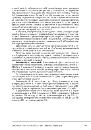 ЧАСТИНА 2. ІМУНОПРОФІЛАКТИКА ОКРЕМИХ ІНФЕКЦІЙ 209
цинації може бути бажаним для осіб, імунний статус яких є важливим
для подальшого лікування (наприклад, для пацієнтів, які перебува-
ють на постійному гемодіалізі або отримують цитостатичну терапію,
ВIЛ-інфікованих тощо). За такої потреби визначення титру антитіл
до HBsAg слід проводити через 1–6 міс. після завершення первинно-
го курсу. Варто розглядати можливість повторної вакцинації шляхом
уведення однієї або кількох додаткових доз для осіб, які не прореа-
гували виробленням антитіл на щеплення в дельтоподібний м’яз;
для осіб, котрі не відповіли на введення вакцини в сідничні м’язи, ре-
комендується повторний курс вакцинації.
У пацієнтів, які перебувають на гемодіалізі і в яких унаслідок вакци-
нації не формується імунітет достатньої напруженості та достатньої три-
валості, необхідність уведення бустерних доз потрібно оцінювати шля-
хом щорічного визначення рівня анти-HВsAg антитіл. Бустерну дозу слід
уводити за умови, що рівень антитіл став нижчим за 10 МО/мл (нижчим,
ніж поріг чутливості тест-системи).
Щеплювати осіб, які мають антитіла проти вірусу гепатиту В у ре-
зультаті перенесеної раніше інфекції, не обов’язково; якщо вакцинація
проведена таким особам, вона є безпечною.
Антитіла, набуті пасивно (незалежно від механізму дії – уведен-
ня гіперімунного імуноглобуліну проти гепатиту В чи нормального
людського імуноглобуліну або трансплацентарним шляхом), не пере-
шкоджають активній імунізації.
Ефективність вакцинації. Протективний ефект вакцинації зу-
мовлений не лише виробленням антитіл до імунізаційного антигену –
HВsAg, а й розвитком Т-клітинної відповіді та формуванням імуноло-
гічної пам’яті. Виявлення антитіл до HBsAg через 1 міс. після повного
курсу вакцинації свідчить про формування імунітету.
За результатами досліджень, після отримання вакцинного комп-
лексу із трьох доз у 95% щеплених немовлят, дітей і дорослих форму-
ється протективний імунітет.
Вакцинація дітей, народжених від HBsAg-позитивних матерів,
у першу добу життя в 3,5 рази знижує ризик інфікування ВГВ. Водно-
час відстрочення вакцинації на 7 діб значно підвищувало ризик інфі-
кування у 8,6 рази порівняно з вакцинованими протягом 1–3-ї доби.
У результаті впровадження вакцинації проти гепатиту В в Украї-
ні захворюваність у 2006 р. порівняно із 2002 р. знизилась у 2,3 рази
і становила 7,78 випадку на 100 тис. населення (проти 18,19 у 2002 р.);
серед дітей захворюваність на гепатит В знизилась із 4,14 до 1,97 ви-
падку на 100 тис. населення (рис. 2.1).
 