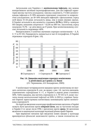 ЧАСТИНА 1. ЗАГАЛЬНА ХАРАКТЕРИСТИКА 57
Актуальною для України є і менінгококова інфекція, яку можна
контролювати засобами імунопрофілактики. Для цієї інфекції харак-
терні висока частота ускладнень і висока смертність. У США менінго-
кокова інфекція в 11–19% випадків спричинює соматичні та невроло-
гічні ускладнення, до 10–14% випадків інфекцій є фатальними; серед
осіб віком 15–24 роки летальність вища, ніж в інших вікових групах.
В Україні летальність від менінгіту становить 15,7% (у 2010 р. померло
103 хворих; показник смертності – 0,226 на 100 тис. населення), серед
померлих 75,7% – це діти віком до 17 років. При менінгококовому сеп-
сисі летальність перевищує 40%.
Виокремлюють 5 клінічно значимих серогруп менінгококів – A, B,
C, Y та W-135. Поширеність змінюється в часі й географічно. В Україні
переважає серогрупа В (рис. 1.6).
Серогрупа A Серогрупа B Серогрупа C
2006 2002 2003 2004
Частота
виявлення,
%
80
70
60
50
40
30
20
10
0
Рис. 1.6. Динаміка виділення серогруп менінгокока
в дітей віком до 5 років у м. Києві
(Л.I. Чернишова, А.В. Бондаренко, 2005)
У кон’юговані чотиривалентні вакцини проти менінгокока не вхо-
дять антигени серогрупи В, але, як видно з рис. 1.6, частота випадків,
спричинених серогрупами А і С, в Україні в окремі роки становить
50%. Тобто вакцина, яка містить серогрупи А, С, W-135 та Y, може зни-
зити тягар менінгококової інфекції на 50%. Iз 2013 р. у країнах Захід-
ної Європи зареєстрована кон’югована моновакцина проти менінго-
кока серогрупи В.
На черзі до введення в календар профілактичних щеплень в Україні
можуть бути щеплення проти вітряної віспи, яка за частотою посідає
в Україні 2-ге місце після ГРВI, і щеплення проти грипу. Ці щеплення
включено в національні календарі імунізації різних країн Європи.
При вирішенні питання про введення нових вакцин у календар
враховуються фінансові можливості країни, а також економічна ви-
 