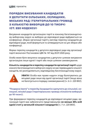 102
ПОРЯДОК ВИСУВАННЯ КАНДИДАТІВ
У ДЕПУТАТИ СІЛЬСЬКИХ, СЕЛИЩНИХ,
МІСЬКИХ РАД (ТЕРИТОРІАЛЬНИХ ГРОМАД
З КІЛЬКІСТЮ ВИБОРЦІВ ДО 10 ТИСЯЧ)
(СТ. 220 КОДЕКСУ)
Висування кандидатів організацією партії в кожному багатомандатно-
му виборчому окрузі на виборах до відповідної ради відбувається на
конференції, зборах організації партії у вигляді переліку кандидатів до
відповідної ради, який формується та затверджується на цих зборах або
конференції.
Форма переліку кандидатів у депутати відповідної ради від організації
партії визначені Постановою ЦВК № 147 від 28.07.2020 року.
Особа може бути висунена кандидатом у депутати шляхом висування
організацією лише однієї ї партії або лише шляхом самовисування.
Кількість кандидатів в переліку кандидатів організації партії щодо
кожного багатомандатного виборчого округу не має перевищувати кількості
мандатів, які розподіляються у відповідному багатомандатному окрузі.
УВАГА! Особа має право надати згоду балотуватись до
місцевої ради лише від однієї організації партії (якщо вона
не балотується в порядку самовисування) (ч. 6 ст. 220 ВКУ).
“Гендерна квота” в переліку кандидатів в депутати до сільської, се-
лищної, міської ради (територіальних громад з кількістю виборців
до 10 тисяч).
При формуванні переліку кандидатів до відповідної місцевої ради, ор-
ганізація партії має забезпечити представництво не менше 30% осіб
однієї статі у загальній кількості кандидатів (ч. 7 ст. 220 ВКУ).
 