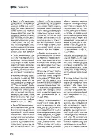 110
1 2 3
● Якщо особа, включена
до єдиного та територі-
ального виборчого списку
партії на день реєстрації
заяви організації партії не
подала заяву про згоду ба-
лотуватись кандидатом від
цієї організації партії, вона
вважається виключеною
з виборчого списку (спис-
ків) організації партії. Заява
особи, подана після заяви
організації партії, не при-
ймається (ч. 3 ст. 227 ВКУ)
● Особа, включена до єди-
ного та територіального
виборчих списків органі-
зації партії мають право
відкликати свою заяву про
згоду балотуватись канди-
датом від організації партії
до реєстрації її кандидатом.
В такому випадку особа
особисто подає до ТВК
відповідну заяву, або за-
яву, засвідчену в порядку
ЗУ “Про нотаріат”. Особа
вважається виключеною
з виборчого списку (спис-
ків) організації партії з мо-
менту отримання заяви.
Повторна заява про згоду
балотуватись не прийма-
ється (ч. 4, ст. 227 ВКУ).
● Якщо ТВК виявила факт
включення особи до ви-
борчих списків декількох
організацій партій, визна-
чений член ТВК не пізніше
наступного звертається до
особи з вимогою подати
заяву з підтвердженням
згоди балотуватись від од-
нієї організації партії. Така
● Якщо особа, включена
до переліку кандидатів
організації партії на день
подання заяви організації
партії не подала заяву про
згоду балотуватись канди-
датом від цієї організації
партії, вона вважається
виключеною зі списку
організації партії. Заява
особи, подана після заяви
організації партії, не при-
ймається (ч. 3 ст. 228) ВКУ
● Особа, включена до пе-
реліку кандидатів організа-
ції партії має право відкли-
кати свою заяву про згоду
балотуватись кандидатом
від організації партії до
реєстрації її кандидатом.
В такому випадку особа
особисто подає відповідну
заяву або заяву, завірену
в порядку ЗУ “Про нота-
ріат”. Особа вважається
виключеною зі переліку
кандидатів організації пар-
тії з моменту отримання
заяви ТВК. Повторна заява
про згоду балотуватись
не приймається (ч.  4,
ст. 228 ВКУ).
● Якщо ТВК виявила факт
включення особи до пе-
реліків кандидатів від-
повідної ради декількох
організацій партій та/або
самовисування кандида-
том у депутати, кандида-
том на посаду сільського,
селищного, міського го-
лови, визначений член
ТВК не пізніше наступного
дня звертається до особи
● Якщо кандидат на день
подання заяви організації
партії про реєстрацію його
кандидатом на посаду сіль-
ського, селищного, місько-
го голови не подав заяви
про згоду балотуватися від
цієї організації партії, він
вважається таким, що не
надав відповідної згоди.
Заява особи, подана піс-
ля заяви організації пар-
тії, не приймається (ч. 4,
ст. 229 ВКУ).
● Особа, висунута органі-
зацією партії, на посаду
сільського, селищного,
міського голови до дня
реєстрації кандидатом має
право відкликати свою
заяву про згоду балоту-
ватись від цієї організації
партії.
В такому випадку особа
подає відповідну заяву, за-
свідчену в порядку ЗУ “Про
нотаріат” або подає таку
заяву особисто. Повторна
заява про згоду особи ба-
лотуватись від організації
партії не приймається (ч. 5,
ст. 229 ВКУ).
● Якщо особа, висунута
шляхом самовисування
або організацією партії,
одночасно висунута кан-
дидатом від іншої органі-
зації партії та/або шляхом
самовисування, визначе-
ний член ТВ звертається
до такої особи з вимогою
особисто подати заяву про
підтвердження згоди бало-
туватись кандидатом на
 