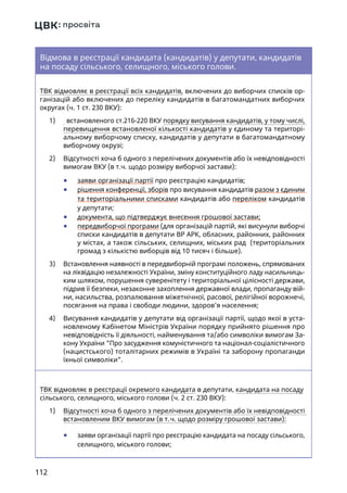 112
Відмова в реєстрації кандидата (кандидатів) у депутати, кандидатів
на посаду сільського, селищного, міського голови.
ТВК відмовляє в реєстрації всіх кандидатів, включених до виборчих списків ор-
ганізацій або включених до переліку кандидатів в багатомандатних виборчих
округах (ч. 1 ст. 230 ВКУ):
1)	 встановленого ст.216-220 ВКУ порядку висування кандидатів, у тому числі,
перевищення встановленої кількості кандидатів у єдиному та територі-
альному виборчому списку, кандидатів у депутати в багатомандатному
виборчому окрузі;
2)	 Відсутності хоча б одного з перелічених документів або їх невідповідності
вимогам ВКУ (в т.ч. щодо розміру виборчої застави):
	● заяви організації партії про реєстрацію кандидатів;
	● рішення конференції, зборів про висування кандидатів разом з єдиним
та територіальними списками кандидатів або переліком кандидатів
у депутати;
	● документа, що підтверджує внесення грошової застави;
	● передвиборчої програми (для організацій партій, які висунули виборчі
списки кандидатів в депутати ВР АРК, обласних, районних, районних
у містах, а також сільських, селищних, міських рад (територіальних
громад з кількістю виборців від 10 тисяч і більше).
3)	 Встановлення наявності в передвиборній програмі положень, спрямованих
на ліквідацію незалежності України, зміну конституційного ладу насильниць-
ким шляхом, порушення суверенітету і територіальної цілісності держави,
підрив її безпеки, незаконне захоплення державної влади, пропаганду вій-
ни, насильства, розпалювання міжетнічної, расової, релігійної ворожнечі,
посягання на права і свободи людини, здоров’я населення;
4)	 Висування кандидатів у депутати від організації партії, щодо якої в уста-
новленому Кабінетом Міністрів України порядку прийнято рішення про
невідповідність її діяльності, найменування та/або символіки вимогам За-
кону України Про засудження комуністичного та націонал-соціалістичного
(нацистського) тоталітарних режимів в Україні та заборону пропаганди
їхньої символіки.
ТВК відмовляє в реєстрації окремого кандидата в депутати, кандидата на посаду
сільського, селищного, міського голови (ч. 2 ст. 230 ВКУ):
1)	 Відсутності хоча б одного з перелічених документів або їх невідповідності
встановленим ВКУ вимогам (в т. ч. щодо розміру грошової застави):
	● заяви організації партії про реєстрацію кандидата на посаду сільського,
селищного, міського голови;
 