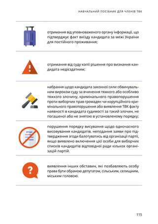 НАВЧАЛЬНИЙ ПОСІБНИК ДЛЯ ЧЛЕНІВ ТВК
115
отримання від уповноваженого органу інформації, що
підтверджує факт виїзду кандидата за межі України
для постійного проживання;
отримання від суду копії рішення про визнання кан-
дидата недієздатним;
набрання щодо кандидата законної сили обвинуваль-
ним вироком суду за вчинення тяжкого або особливо
тяжкого злочину, кримінального правопорушення
проти виборчих прав громадян чи корупційного кри-
мінального правопорушення або виявлення ТВК факту
наявності в кандидата судимості за такий злочин, не
погашеної або не знятою в установленому порядку;
порушення порядку висування щодо одночасного
висовування кандидатів, неподання заяви про під-
твердження згоди балотуватись від організації партії,
якщо виявлено включення цієї особи для виборчих
списків кандидатів відповідної ради кількох органі-
зацій партій.
виявлення інших обставин, які позбавляють особу
права бути обраною депутатом, сільським, селищним,
міським головою.
ПА
УК
ЗГОДА
ПАСПОРТ
УКРАЇНА
 