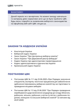 10
Даний перелік не є вичерпним. На момент виходу навчально-
го матеріалу деякі нормативні акти ще не були прийняти ЦВК.
Будь-ласка, слідкуйте за оновленням виборчого законодавства
на офіційному веб-сайті ЦВК: cvk.gov.ua.
ВАЖЛИВО!
ЗАКОНИ ТА КОДЕКСИ УКРАЇНИ
	● Конституція України
	● Виборчий кодекс України
	● Закон України Про Центральну виборчу комісію
	● Закон України Про Державний реєстр виборців
	● Кодекс України про адміністративні правопорушення
	● Кодекс адміністративного судочинства України
	● Кримінальний кодекс України
ПОСТАНОВИ ЦВК
	● Постанова ЦВК № 111 від 25.06.2020 «Про Порядок залучення
спеціалістів, експертів, технічних працівників для забезпечення
здійснення повноважень виборчих комісій під час підготовки та
проведення місцевих виборів»
	● Постанова ЦВК № 113 від 25.06.2020 Про Порядок проведення
жеребкування щодо включення кандидатур до складу обласних,
районних, міських, районних у містах (у містах з районним по-
ділом), селищних та сільських виборчих комісій (зі змінами від
24.07.2020)
 