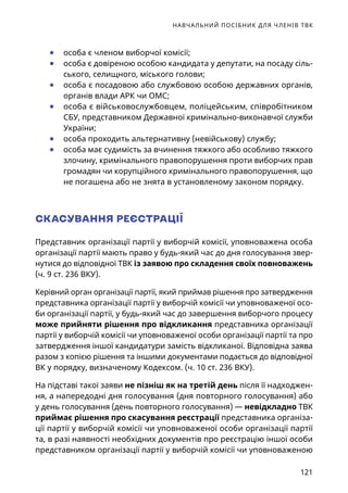 НАВЧАЛЬНИЙ ПОСІБНИК ДЛЯ ЧЛЕНІВ ТВК
121
	● особа є членом виборчої комісії;
	● особа є довіреною особою кандидата у депутати, на посаду сіль-
ського, селищного, міського голови;
	● особа є посадовою або службовою особою державних органів,
органів влади АРК чи ОМС;
	● особа є військовослужбовцем, поліцейським, співробітником
СБУ, представником Державної кримінально-виконавчої служби
України;
	● особа проходить альтернативну (невійськову) службу;
	● особа має судимість за вчинення тяжкого або особливо тяжкого
злочину, кримінального правопорушення проти виборчих прав
громадян чи корупційного кримінального правопорушення, що
не погашена або не знята в установленому законом порядку.
СКАСУВАННЯ РЕЄСТРАЦІЇ
Представник організації партії у виборчій комісії, уповноважена особа
організації партії мають право у будь-який час до дня голосування звер-
нутися до відповідної ТВК із заявою про складення своїх повноважень
(ч. 9 ст. 236 ВКУ).
Керівний орган організації партії, який приймав рішення про затвердження
представника організації партії у виборчій комісії чи уповноваженої осо-
би організації партії, у будь-який час до завершення виборчого процесу
може прийняти рішення про відкликання представника організації
партії у виборчій комісії чи уповноваженої особи організації партії та про
затвердження іншої кандидатури замість відкликаної. Відповідна заява
разом з копією рішення та іншими документами подається до відповідної
ВК у порядку, визначеному Кодексом. (ч. 10 ст. 236 ВКУ).
На підставі такої заяви не пізніш як на третій день після її надходжен-
ня, а напередодні дня голосування (дня повторного голосування) або
у день голосування (день повторного голосування) — невідкладно ТВК
приймає рішення про скасування реєстрації представника організа-
ції партії у виборчій комісії чи уповноваженої особи організації партії
та, в разі наявності необхідних документів про реєстрацію іншої особи
представником організації партії у виборчій комісії чи уповноваженою
 