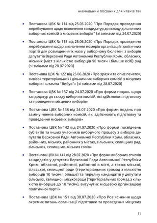НАВЧАЛЬНИЙ ПОСІБНИК ДЛЯ ЧЛЕНІВ ТВК
11
	● Постанова ЦВК № 114 від 25.06.2020 Про Порядок проведення
жеребкування щодо включення кандидатур до складу дільничних
виборчих комісій з місцевих виборів (зі змінами від 24.07.2020)
	● Постанова ЦВК № 115 від 25.06.2020 «Про Порядок проведення
жеребкування щодо визначення номерів організацій політичних
партій для розміщення їх назв у виборчому бюлетені з виборів
депутатів Верховної Ради Автономної Республіки Крим, обласних,
міських (міст з кількістю виборців 90 тисяч і більше осіб) рад
(зі змінами від 28.07.2020)
	● Постанова ЦВК № 122 від 25.06.2020 «Про зразки та опис печаток,
вивісок територіальних і дільничних виборчих комісій з місцевих
виборів і штампа “Вибув”» (зі змінами від 28.07.2020)
	● Постанова ЦВК № 137 від 24.07.2020 «Про форми подань щодо
кандидатур до складу виборчих комісій, які здійснюють підготовку
та проведення місцевих виборів»
	● Постанова ЦВК № 138 від 24.07.2020 «Про форми подань про
заміну членів виборчих комісій, які здійснюють підготовку та
проведення місцевих виборів»
	● Постанова ЦВК № 142 від 24.07.2020 «Про форми посвідчень
суб’єктів та інших учасників виборчого процесу з виборів де-
путатів Верховної Ради Автономної Республіки Крим, обласних,
районних, міських, районних у містах, сільських, селищних рад,
сільських, селищних, міських голів»
	● Постанова ЦВК № 147 від 28.07.2020 «Про форми виборчих списків
кандидатів у депутати Верховної Ради Автономної Республіки
Крим, обласної, районної, районної в місті, а також міської,
сільської, селищної ради (територіальних громад з кількістю
виборців 10 тисяч і більше) та переліку кандидатів у депутати
сільської, селищної, міської ради (територіальних громад з кіль-
кістю виборців до 10 тисяч), висунутих місцевою організацією
політичної партії»
	● Постанова ЦВК № 151 від 30.07.2020 «Про Роз’яснення щодо
окремих питань організації підготовки та проведення місцевих
 
