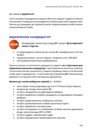 НАВЧАЛЬНИЙ ПОСІБНИК ДЛЯ ЧЛЕНІВ ТВК
143
До подання додаються:
копії паспорта громадянина України або копії першої та другої сторінок
тимчасового посвідчення громадянина України (для осіб, недавно при-
йнятих до громадянства України) кожної запропонованої особи кожної
запропонованої особи.
ВІДХИЛЕННЯ КАНДИДАТУР
Кандидатури, внесені до складу ДВК, можуть бути відхилені
лише з підстав
	● їх невідповідності вимогам до членів ВК, передбачених статтею
34 ВКУ;
	● порушення вимог частин першої, четвертої статті 204 ВКУ;
	● застосування механізму жеребкування.
Технічні описки та неточності, допущені у поданні, не є підставою для
відхилення внесених кандидатур. У разі виявлення технічних помилок
та неточностей при зазначенні у поданні прізвища, імені та по батькові
особи, дати її народження — в постанові про утворення ДВК зазначаються
відомості на підставі копій паспортних документів.
Вимоги до членів виборчих комісій (ст. 34 ВКУ):
	● мати право голосу відповідно до статті 70 Конституції України;
	● входити до складу лише однієї ВК;
	● не бути кандидатом на відповідних виборах;
	● не бути довіреною особою кандидатів на відповідних місцевих
виборах;
	● не бути представником у виборчих комісіях;
	● не бути уповноваженою особою організації партії;
	● не бути офіційним спостерігачем;
	● не бути посадовою та службовою особою органів державної
влади, органів влади АРК та ОМС;
	● не бути суддею, працівником судів;
	● не бути працівником правоохоронних органів;
 