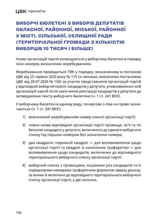 156
ВИБОРЧІ БЮЛЕТЕНІ З ВИБОРІВ ДЕПУТАТІВ
ОБЛАСНОЇ, РАЙОННОЇ, МІСЬКОЇ, РАЙОННОЇ
У МІСТІ, СІЛЬСЬКОЇ, СЕЛИЩНОЇ РАДИ
(ТЕРИТОРІАЛЬНОЇ ГРОМАДИ З КІЛЬКІСТЮ
ВИБОРЦІВ 10 ТИСЯЧ І БІЛЬШЕ)
Назви організацій партій розміщуються у виборчому бюлетені в порядку
їхніх номерів, визначених жеребкуванням.
Жеребкування проводиться ТВК у порядку, визначеному в постанові
ЦВК від 25 червня 2020 року № 115 (зі змінами, внесеними постановою
ЦВК від 28.07.2020 № 150) за участю представників організацій партій
у відповідній виборчій комісії, кандидатів у депутати, уповноважених осіб
організацій партій після закінчення реєстрації кандидатів у депутати до
затвердження тексту виборчого бюлетеня (ч. 1 ст. 241 ВКУ).
У виборчому бюлетені в одному ряду, почергово з ліва на право зазна-
чаються (ч. 1 ст. 241 ВКУ):
1)	 визначений жеребкуванням номер кожної організації партії;
2)	 повна назва відповідної організації партії прізвище, ім'я та по
батькові кандидата у депутати, включеного до єдиного виборчого
списку під першим номером без зазначення номера;
3)	 два квадрати: порожній квадрат — для волевиявлення щодо
організації партії та квадрат із нанесеним трафаретом — для
волевиявлення щодо кандидатів, включених до відповідного
територіального виборчого списку організації партії;
4)	 виборчий список з прізвищами, ініціалами усіх кандидатів та їх
порядковими номерами трафаретним форматом зверху донизу,
за якими їх включено до відповідного територіального виборчого
списку організації партії, у дві колонки.
 