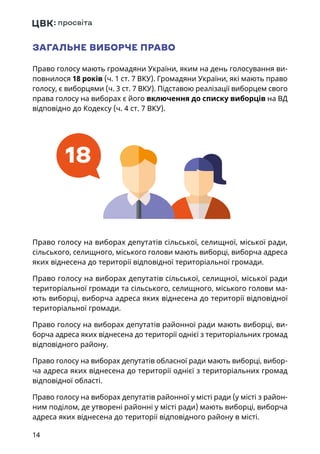 14
ЗАГАЛЬНЕ ВИБОРЧЕ ПРАВО
Право голосу мають громадяни України, яким на день голосування ви-
повнилося 18 років (ч. 1 ст. 7 ВКУ). Громадяни України, які мають право
голосу, є виборцями (ч. 3 ст. 7 ВКУ). Підставою реалізації виборцем свого
права голосу на виборах є його включення до списку виборців на ВД
відповідно до Кодексу (ч. 4 ст. 7 ВКУ).
Право голосу на виборах депутатів сільської, селищної, міської ради,
сільського, селищного, міського голови мають виборці, виборча адреса
яких віднесена до території відповідної територіальної громади.
Право голосу на виборах депутатів сільської, селищної, міської ради
територіальної громади та сільського, селищного, міського голови ма-
ють виборці, виборча адреса яких віднесена до території відповідної
територіальної громади.
Право голосу на виборах депутатів районної ради мають виборці, ви-
борча адреса яких віднесена до території однієї з територіальних громад
відповідного району.
Право голосу на виборах депутатів обласної ради мають виборці, вибор-
ча адреса яких віднесена до території однієї з територіальних громад
відповідної області.
Право голосу на виборах депутатів районної у місті ради (у місті з район-
ним поділом, де утворені районні у місті ради) мають виборці, виборча
адреса яких віднесена до території відповідного району в місті.
18
 