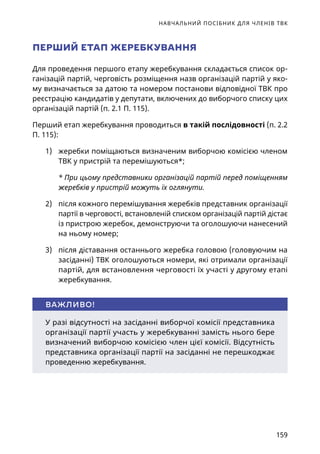 НАВЧАЛЬНИЙ ПОСІБНИК ДЛЯ ЧЛЕНІВ ТВК
159
ПЕРШИЙ ЕТАП ЖЕРЕБКУВАННЯ
Для проведення першого етапу жеребкування складається список ор-
ганізацій партій, черговість розміщення назв організацій партій у яко-
му визначається за датою та номером постанови відповідної ТВК про
реєстрацію кандидатів у депутати, включених до виборчого списку цих
організацій партій (п. 2.1 П. 115).
Перший етап жеребкування проводиться в такій послідовності (п. 2.2
П. 115):
1)	 жеребки поміщаються визначеним виборчою комісією членом
ТВК у пристрій та перемішуються*;
* При цьому представники організацій партій перед поміщенням
жеребків у пристрій можуть їх оглянути.
2)	 після кожного перемішування жеребків представник організації
партії в черговості, встановленій списком організацій партій дістає
із пристрою жеребок, демонструючи та оголошуючи нанесений
на ньому номер;
3)	 після діставання останнього жеребка головою (головуючим на
засіданні) ТВК оголошуються номери, які отримали організації
партій, для встановлення черговості їх участі у другому етапі
жеребкування.
У разі відсутності на засіданні виборчої комісії представника
організації партії участь у жеребкуванні замість нього бере
визначений виборчою комісією член цієї комісії. Відсутність
представника організації партії на засіданні не перешкоджає
проведенню жеребкування.
ВАЖЛИВО!
 