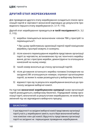 160
ДРУГИЙ ЕТАП ЖЕРЕБКУВАННЯ
Для проведення другого етапу жеребкування складається список орга-
нізацій партій в черговості визначеній відповідно до результатів про-
веденого першого етапу жеребкування (п. 3.1 П. 115).
Другий етап жеребкування проводиться в такій послідовності (п. 3.2
П. 115):
1)	 жеребки поміщаються визначеним членом ТВК у пристрій та
перемішуються*;
* При цьому представники організацій партій перед поміщенням
жеребків у пристрій можуть їх оглянути.
2)	 після кожного перемішування жеребків представник організації
партії за черговістю, встановленою під час технічного жеребку-
вання, дістає з пристрою жеребок, демонструючи та оголошуючи
нанесений на ньому номер;
3)	 такий номер вноситься до списку організацій партій;
4)	 після діставання останнього жеребка головою (головуючим на
засіданні) ВК оголошуються номери, отримані організаціями
партій, за якими їх назви розміщуються у виборчому бюлетені;
5)	 відомості про хід та результати жеребкування вносяться до про-
токолу засідання виборчої комісії.
На підставі визначеної жеребкуванням нумерації назви організацій
партій розміщуються у виборчому бюлетені. Порядковий номер орга-
нізації партії, визначений за результатами жеребкування, не може бути
змінений під час відповідного виборчого процесу.
У разі відсутності на засіданні виборчої комісії представника організації
партії участь у жеребкуванні замість нього бере визначений вибор-
чою комісією член цієї комісії. Відсутність представника організації
партії на засіданні не перешкоджає проведенню жеребкування.
ВАЖЛИВО!
 