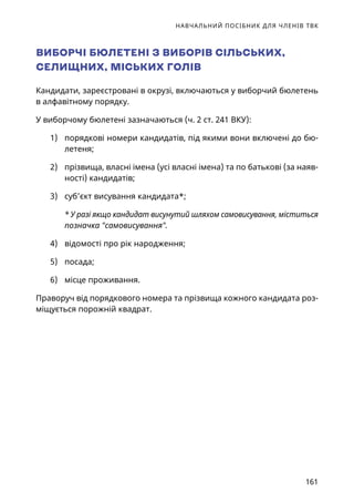 НАВЧАЛЬНИЙ ПОСІБНИК ДЛЯ ЧЛЕНІВ ТВК
161
ВИБОРЧІ БЮЛЕТЕНІ З ВИБОРІВ СІЛЬСЬКИХ,
СЕЛИЩНИХ, МІСЬКИХ ГОЛІВ
Кандидати, зареєстровані в окрузі, включаються у виборчий бюлетень
в алфавітному порядку.
У виборчому бюлетені зазначаються (ч. 2 ст. 241 ВКУ):
1)	 порядкові номери кандидатів, під якими вони включені до бю-
летеня;
2)	 прізвища, власні імена (усі власні імена) та по батькові (за наяв-
ності) кандидатів;
3)	 суб’єкт висування кандидата*;
* У разі якщо кандидат висунутий шляхом самовисування, міститься
позначка самовисування.
4)	 відомості про рік народження;
5)	 посада;
6)	 місце проживання.
Праворуч від порядкового номера та прізвища кожного кандидата роз-
міщується порожній квадрат.
 