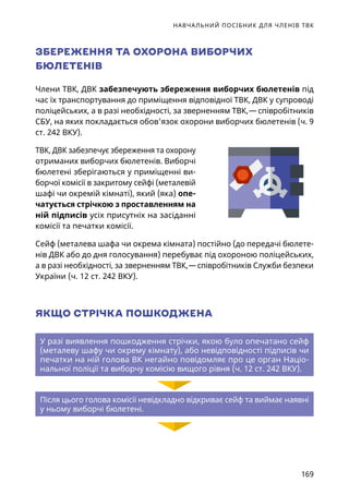 НАВЧАЛЬНИЙ ПОСІБНИК ДЛЯ ЧЛЕНІВ ТВК
169
ЗБЕРЕЖЕННЯ ТА ОХОРОНА ВИБОРЧИХ
БЮЛЕТЕНІВ
Члени ТВК, ДВК забезпечують збереження виборчих бюлетенів під
час їх транспортування до приміщення відповідної ТВК, ДВК у супроводі
поліцейських, а в разі необхідності, за зверненням ТВК, — співробітників
СБУ, на яких покладається обов'язок охорони виборчих бюлетенів (ч. 9
ст. 242 ВКУ).
ТВК, ДВК забезпечує збереження та охорону
отриманих виборчих бюлетенів. Виборчі
бюлетені зберігаються у приміщенні ви-
борчої комісії в закритому сейфі (металевій
шафі чи окремій кімнаті), який (яка) опе-
чатується стрічкою з проставленням на
ній підписів усіх присутніх на засіданні
комісії та печатки комісії.
Сейф (металева шафа чи окрема кімната) постійно (до передачі бюлете-
нів ДВК або до дня голосування) перебуває під охороною поліцейських,
а в разі необхідності, за зверненням ТВК, — співробітників Служби безпеки
України (ч. 12 ст. 242 ВКУ).
ЯКЩО СТРІЧКА ПОШКОДЖЕНА
У разі виявлення пошкодження стрічки, якою було опечатано сейф
(металеву шафу чи окрему кімнату), або невідповідності підписів чи
печатки на ній голова ВК негайно повідомляє про це орган Націо-
нальної поліції та виборчу комісію вищого рівня (ч. 12 ст. 242 ВКУ).
Після цього голова комісії невідкладно відкриває сейф та виймає наявні
у ньому виборчі бюлетені.
 