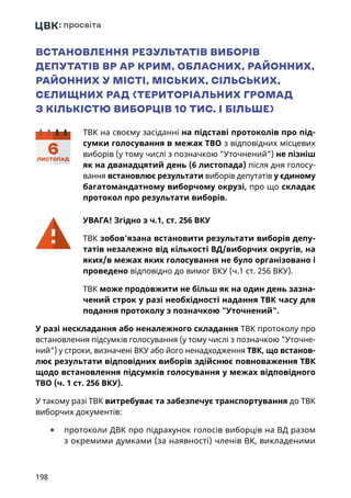 198
ВСТАНОВЛЕННЯ РЕЗУЛЬТАТІВ ВИБОРІВ
ДЕПУТАТІВ ВР АР КРИМ, ОБЛАСНИХ, РАЙОННИХ,
РАЙОННИХ У МІСТІ, МІСЬКИХ, СІЛЬСЬКИХ,
СЕЛИЩНИХ РАД (ТЕРИТОРІАЛЬНИХ ГРОМАД
З КІЛЬКІСТЮ ВИБОРЦІВ 10 ТИС. І БІЛЬШЕ)
ТВК на своєму засіданні на підставі протоколів про під-
сумки голосування в межах ТВО з відповідних місцевих
виборів (у тому числі з позначкою Уточнений) не пізніш
як на дванадцятий день (6 листопада) після дня голосу-
вання встановлює результати виборів депутатів у єдиному
багатомандатному виборчому окрузі, про що складає
протокол про результати виборів.
УВАГА! Згідно з ч.1, ст. 256 ВКУ
ТВК зобов’язана встановити результати виборів депу-
татів незалежно від кількості ВД/виборчих округів, на
яких/в межах яких голосування не було організовано і
проведено відповідно до вимог ВКУ (ч.1 ст. 256 ВКУ).
ТВК може продовжити не більш як на один день зазна-
чений строк у разі необхідності надання ТВК часу для
подання протоколу з позначкою Уточнений.
У разі нескладання або неналежного складання ТВК протоколу про
встановлення підсумків голосування (у тому числі з позначкою Уточне-
ний) у строки, визначені ВКУ або його ненадходження ТВК, що встанов-
лює результати відповідних виборів здійснює повноваження ТВК
щодо встановлення підсумків голосування у межах відповідного
ТВО (ч. 1 ст. 256 ВКУ).
У такому разі ТВК витребуває та забезпечує транспортування до ТВК
виборчих документів:
	● протоколи ДВК про підрахунок голосів виборців на ВД разом
з окремими думками (за наявності) членів ВК, викладеними
ПАСПОРТ
УКРАЇНА
6ЛИСТОПАД
 