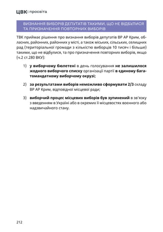 212
ВИЗНАННЯ ВИБОРІВ ДЕПУТАТІВ ТАКИМИ, ЩО НЕ ВІДБУЛИСЯ
ТА ПРИЗНАЧЕННЯ ПОВТОРНИХ ВИБОРІВ
ТВК приймає рішення про визнання виборів депутатів ВР АР Крим, об-
ласних, районних, районних у місті, а також міських, сільських, селищних
рад (територіальної громади з кількістю виборців 10 тисяч і більше)
такими, що не відбулися, та про призначення повторних виборів, якщо
(ч.2 ст.280 ВКУ):
1)	 у виборчому бюлетені в день голосування не залишилося
жодного виборчого списку організації партії в єдиному бага-
томандатному виборчому окрузі;
2)	 за результатами виборів неможливо сформувати 2/3 складу
ВР АР Крим, відповідної місцевої ради;
3)	 виборчий процес місцевих виборів був зупинений в зв’язку
з введенням в Україні або в окремих її місцевостях воєнного або
надзвичайного стану.
 