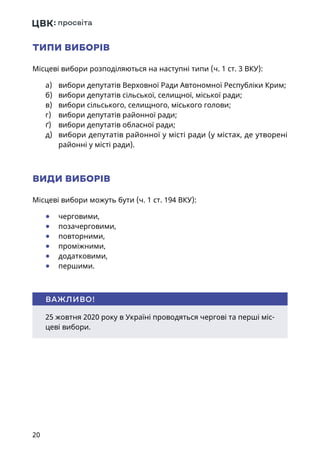 20
ТИПИ ВИБОРІВ
Місцеві вибори розподіляються на наступні типи (ч. 1 ст. 3 ВКУ):
а)	вибори депутатів Верховної Ради Автономної Республіки Крим;
б)	 вибори депутатів сільської, селищної, міської ради;
в)	 вибори сільського, селищного, міського голови;
г)	 вибори депутатів районної ради;
ґ)	 вибори депутатів обласної ради;
д)	 вибори депутатів районної у місті ради (у містах, де утворені
район­ні у місті ради).
ВИДИ ВИБОРІВ
Місцеві вибори можуть бути (ч. 1 ст. 194 ВКУ):
	● черговими,
	● позачерговими,
	● повторними,
	● проміжними,
	● додатковими,
	● першими.
25 жовтня 2020 року в Україні проводяться чергові та перші міс-
цеві вибори.
ВАЖЛИВО!
 