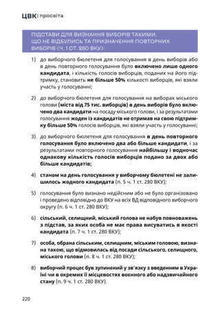220
ПІДСТАВИ ДЛЯ ВИЗНАННЯ ВИБОРІВ ТАКИМИ,
ЩО НЕ ВІДБУЛИСЬ ТА ПРИЗНАЧЕННЯ ПОВТОРНИХ
ВИБОРІВ (Ч. 1 СТ. 280 ВКУ):
1)	 до виборчого бюлетеня для голосування в день виборів або
в день повторного голосування було включено лише одного
кандидата, і кількість голосів виборців, поданих на його під-
тримку, становить не більше 50% кількості виборців, які взяли
участь у голосуванні;
2)	 до виборчого бюлетеня для голосування на виборах міського
голови (міста від 75 тис. виборців) в день виборів було вклю-
чено два кандидати на посаду міського голови, і за результатами
голосування жоден із кандидатів не отримав на свою підтрим-
ку більше 50% голосів виборців, які взяли участь у голосуванні;
3)	 до виборчого бюлетеня для голосування в день повторного
голосування було включено два або більше кандидати, і за
результатами повторного голосування найбільшу і водночас
однакову кількість голосів виборців подано за двох або
більше кандидатів;
4)	 станом на день голосування у виборчому бюлетені не зали-
шилось жодного кандидата (п. 5 ч. 1 ст. 280 ВКУ);
5)	 голосування було визнано недійсним або не було організовано
і проведено відповідно до ВКУ на всіх ВД відповідного виборчого
округу (п. 6 ч. 1 ст. 280 ВКУ);
6)	 сільський, селищний, міський голова не набув повноважень
з підстав, за яких особа не має права висуватись в якості
кандидата (п. 7 ч. 1 ст. 280 ВКУ);
7)	 особа, обрана сільським, селищним, міським головою, визна-
на такою, що відмовилась від посади сільського, селищного,
міського голови (п. 8 ч. 1 ст. 280 ВКУ);
8)	 виборчий процес був зупинений у зв'язку з введенням в Укра-
їні чи в окремих її місцевостях воєнного або надзвичайного
стану (п. 9 ч. 1 ст. 280 ВКУ).
 