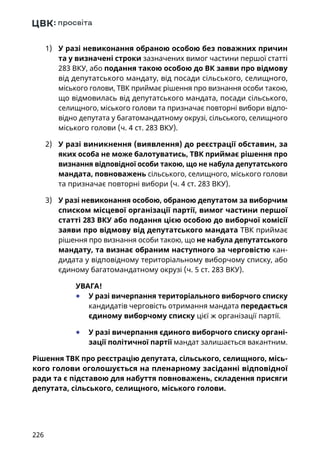 226
1)	 У разі невиконання обраною особою без поважних причин
та у визначені строки зазначених вимог частини першої статті
283 ВКУ, або подання такою особою до ВК заяви про відмову
від депутатського мандату, від посади сільського, селищного,
міського голови, ТВК приймає рішення про визнання особи такою,
що відмовилась від депутатського мандата, посади сільського,
селищного, міського голови та призначає повторні вибори відпо-
відно депутата у багатомандатному окрузі, сільського, селищного
міського голови (ч. 4 ст. 283 ВКУ).
2)	 У разі виникнення (виявлення) до реєстрації обставин, за
яких особа не може балотуватись, ТВК приймає рішення про
визнання відповідної особи такою, що не набула депутатського
мандата, повноважень сільського, селищного, міського голови
та призначає повторні вибори (ч. 4 ст. 283 ВКУ).
3)	 У разі невиконання особою, обраною депутатом за виборчим
списком місцевої організації партії, вимог частини першої
статті 283 ВКУ або подання цією особою до виборчої комісії
заяви про відмову від депутатського мандата ТВК приймає
рішення про визнання особи такою, що не набула депутатського
мандату, та визнає обраним наступного за черговістю кан-
дидата у відповідному територіальному виборчому списку, або
єдиному багатомандатному окрузі (ч. 5 ст. 283 ВКУ).
УВАГА!
	● У разі вичерпання територіального виборчого списку
кандидатів черговість отримання мандата передається
єдиному виборчому списку цієї ж організації партії.
	● У разі вичерпання єдиного виборчого списку органі-
зації політичної партії мандат залишається вакантним.
Рішення ТВК про реєстрацію депутата, сільського, селищного, місь-
кого голови оголошується на пленарному засіданні відповідної
ради та є підставою для набуття повноважень, складення присяги
депутата, сільського, селищного, міського голови.
 