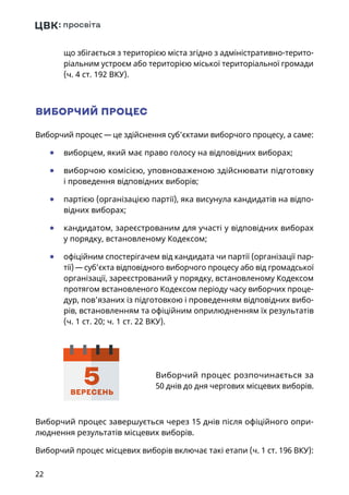 22
що збігається з територією міста згідно з адміністративно-терито-
ріальним устроєм або територією міської територіальної громади
(ч. 4 ст. 192 ВКУ).
ВИБОРЧИЙ ПРОЦЕС
Виборчий процес — це здійснення суб’єктами виборчого процесу, а саме:
	● виборцем, який має право голосу на відповідних виборах;
	● виборчою комісією, уповноваженою здійснювати підготовку
і проведення відповідних виборів;
	● партією (організацією партії), яка висунула кандидатів на відпо-
відних виборах;
	● кандидатом, зареєстрованим для участі у відповідних виборах
у порядку, встановленому Кодексом;
	● офіційним спостерігачем від кандидата чи партії (організації пар-
тії) — суб’єкта відповідного виборчого процесу або від громадської
організації, зареєстрований у порядку, встановленому Кодексом
протягом встановленого Кодексом періоду часу виборчих проце-
дур, пов’язаних із підготовкою і проведенням відповідних вибо-
рів, встановленням та офіційним оприлюдненням їх результатів
(ч. 1 ст. 20; ч. 1 ст. 22 ВКУ).
Виборчий процес розпочинається за
50 днів до дня чергових місцевих виборів.
Виборчий процес завершується через 15 днів після офіційного опри-
люднення результатів місцевих виборів.
Виборчий процес місцевих виборів включає такі етапи (ч. 1 ст. 196 ВКУ):
5ВЕРЕСЕНЬ
 